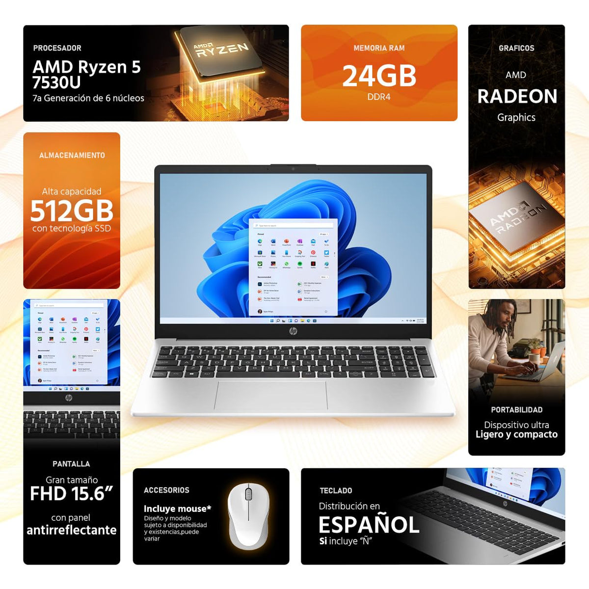 HP Laptop 255 G10 AMD Ryzen 5 7530U 24GB 512GB SSD 15.6" W11 Teclado Español Mouse DXT Productividad y Trabajo Profesional