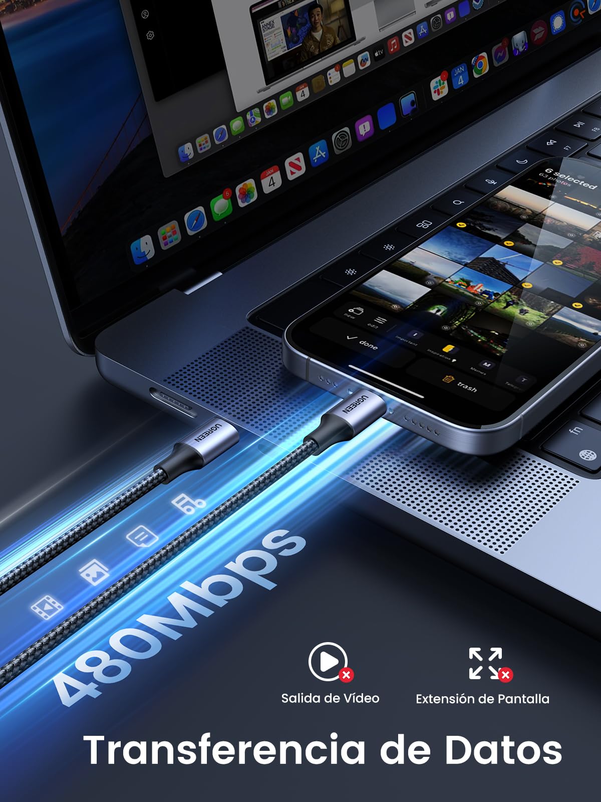 UGREEN Cable USB C a USB C 2M, 60W PD Carga Rápida 20V 3A, Cargador USB Tipo C Compatible con iPhone 16 15 Pro Max, Galaxy S25 S24 S23 S22, Macbook Pro 2024 2023, Air, iPad Pro 2024, Pixel 9 8 7