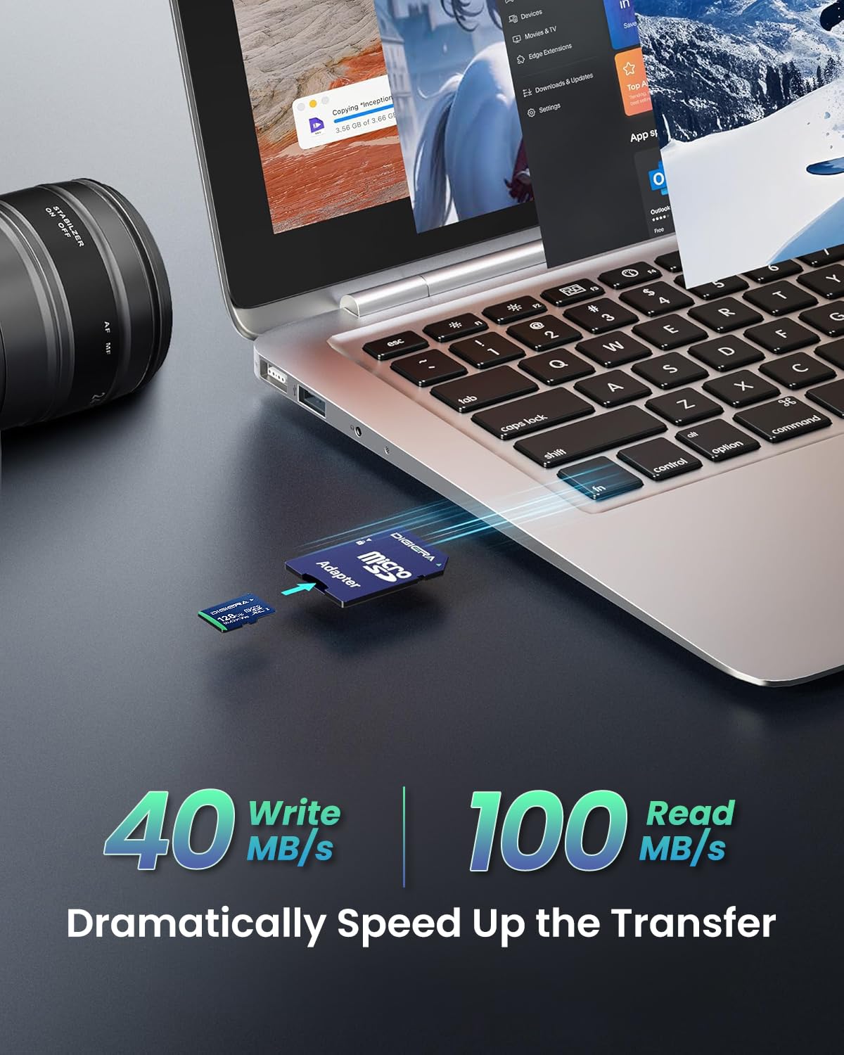 DIGIERA Tarjeta de memoria CT100 microSDXC UHS-I de 128 GB con adaptador - hasta 100 MB/s, C10, U3, V30, 4K UHD, A2, tarjeta micro SD para smartphones, tabletas, cámaras, consolas de juegos y drones