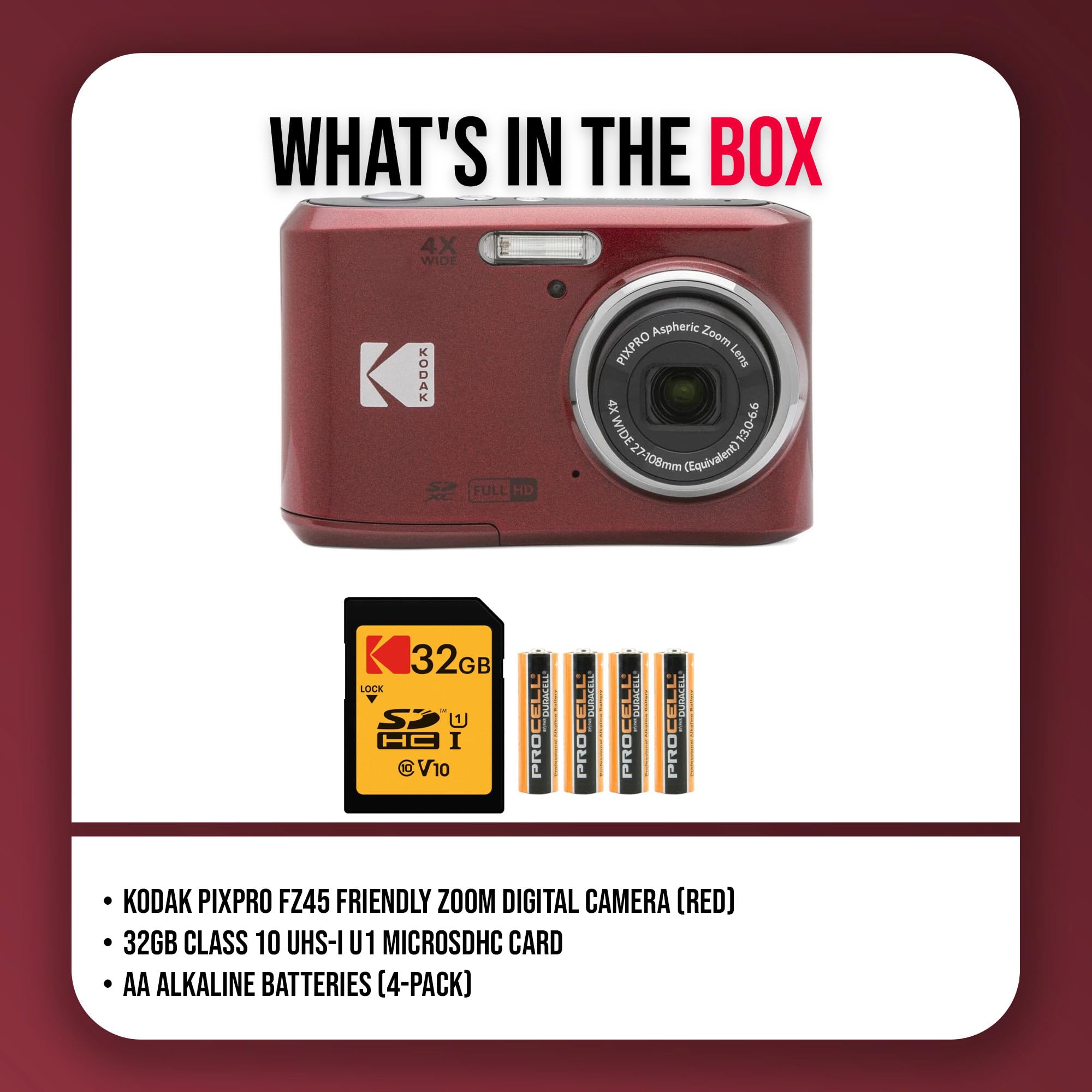 Kodak PIXPRO FZ45 Cámara digital (rojo) Paquete con tarjeta de memoria UHS-I U1 SDHC de 32 GB Clase 10 y pilas alcalinas AA de alto rendimiento (paquete de 4) (3 unidades)
