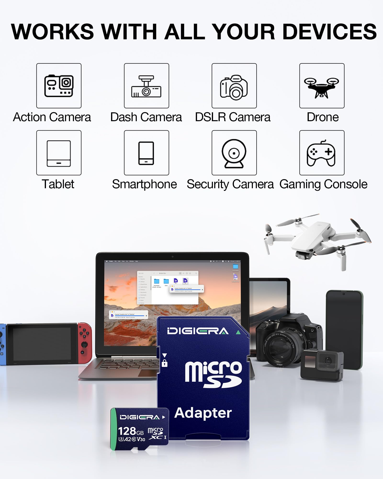 DIGIERA Tarjeta de memoria CT100 microSDXC UHS-I de 128 GB con adaptador - hasta 100 MB/s, C10, U3, V30, 4K UHD, A2, tarjeta micro SD para smartphones, tabletas, cámaras, consolas de juegos y drones