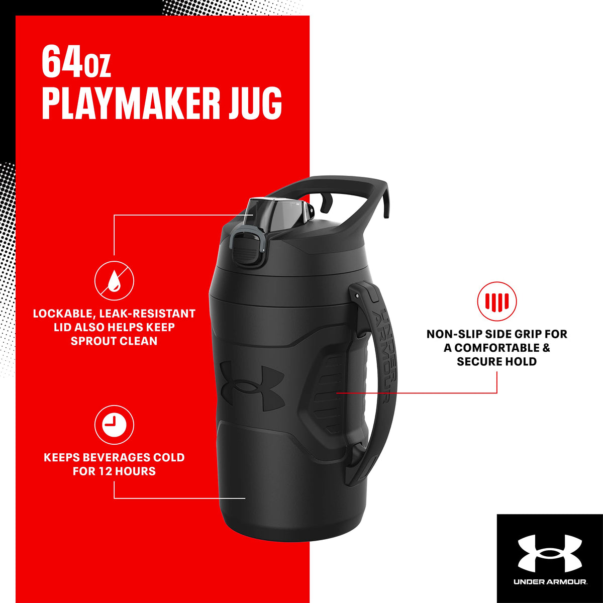 Under Armour Playmaker - Jarra deportiva, botella de agua con asa, aislamiento de espuma y resistente a fugas, 64 onzas, negro/negro