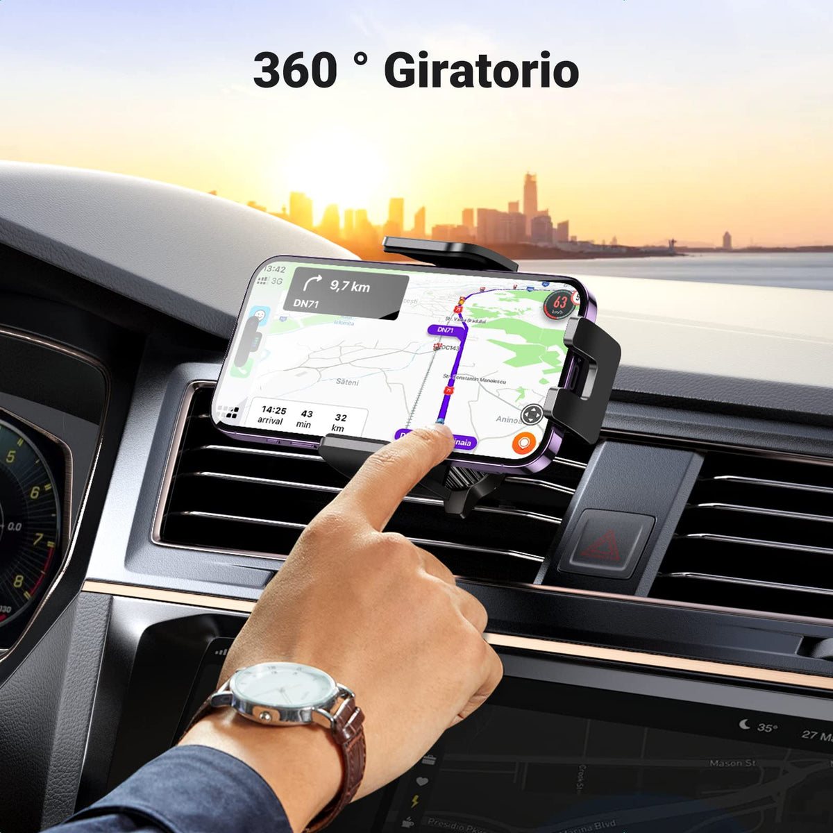 UGREEN Soporte Celular Automóvil, Base Porta Móvil Auto Giratorio 360° con Gancho Metálico y Botón de Liberación, Uso con Una Sola Mano para iPhone 16 15 14 13 Pro MAX, Galaxy S24 S23 S22 Ultra