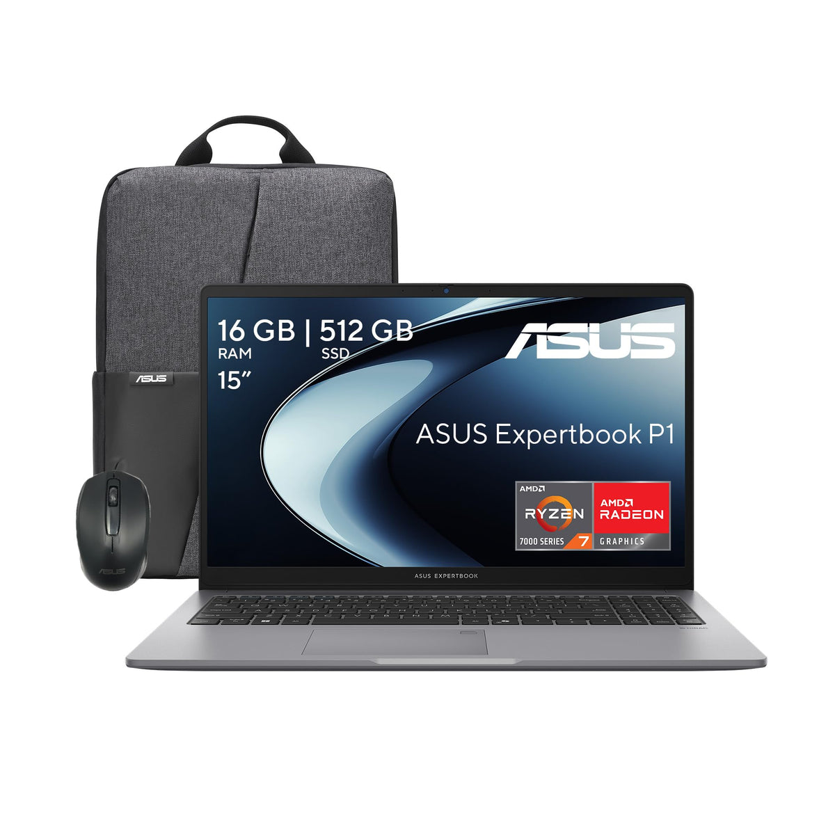 ASUS Expertbook P1/Ryzen 7/ 16GB RAM - 512SSD/ Wi-Fi 6 + Bluetooth 5.4/Diseñada para Seguridad empresarial/Teclado en español + Mochila y Mouse (Servicio y garantía con la Marca en México)