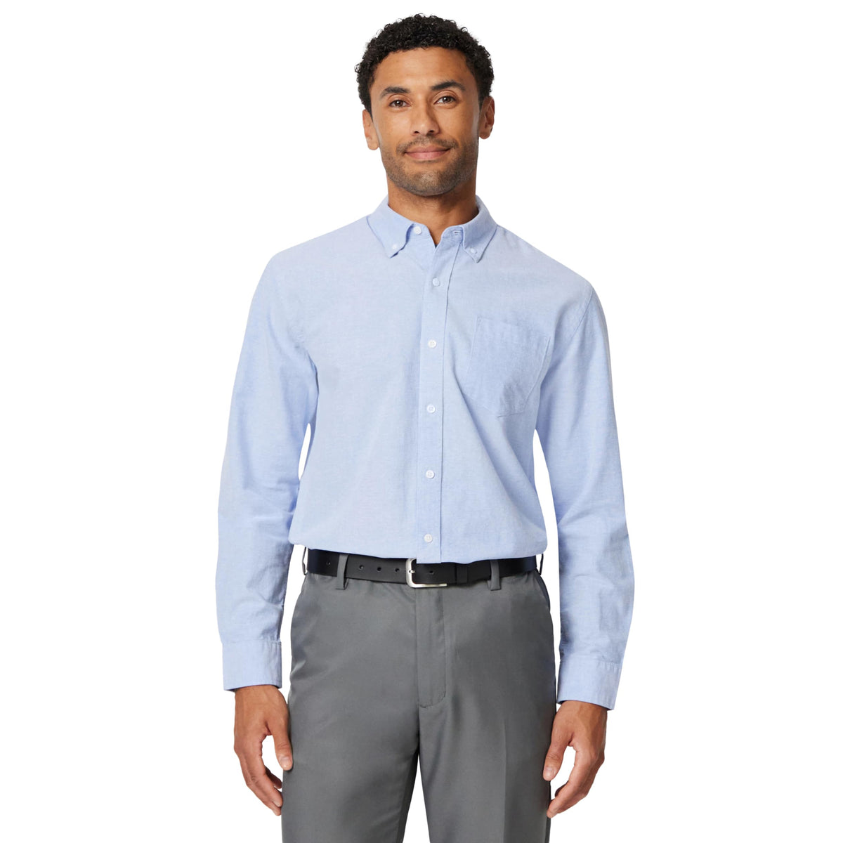 Amazon Essentials - Camisa Oxford de manga larga con bolsillo sólido para hombre, ajuste regular, color azul, talla G