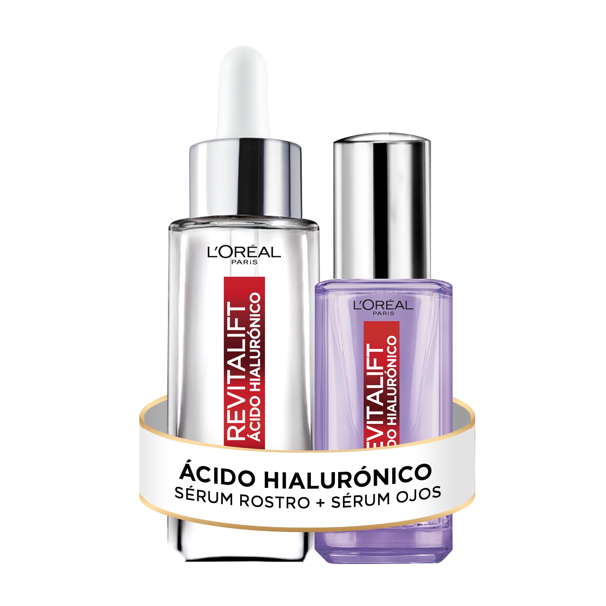 L'Oréal Paris Kit Ácido Hialurónico: Sérum Rostro + Sérum Ojos, 2 piezas. Hidrata intensamente y rellena líneas de expresión