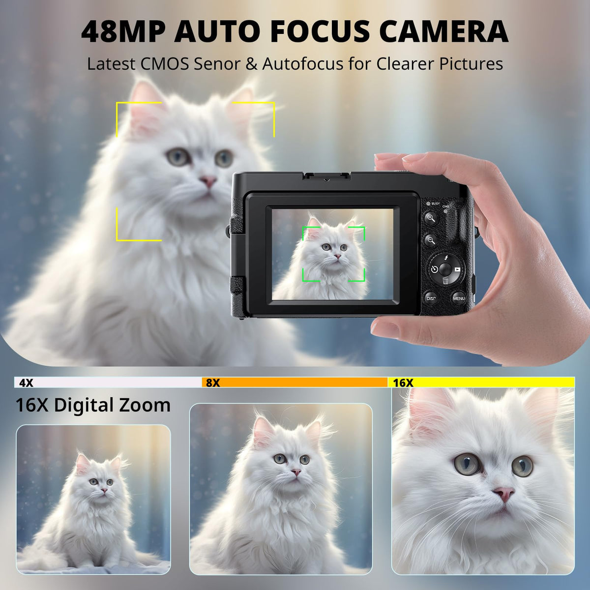Cámara digital 4K para enfoque automático de fotografía, 2024 última cámara de vlogging de 48 MP para YouTube con tarjeta SD, 2 baterías, 3 pulgadas y 180 ° cámara de viaje compacta para adolescentes