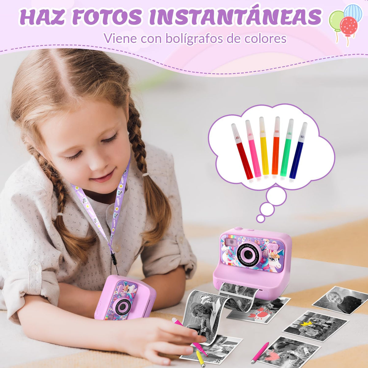 SlowTon Cámara Instantánea para Niños de Impresión, Cámara Digital Infantil Instanea Sopotar Selfie Vídeo, 2.4'' 1080P HD Cámara Infantil con Tarjeta de 32GB y Flash, Regalo para Niños de 3 a 12 Años
