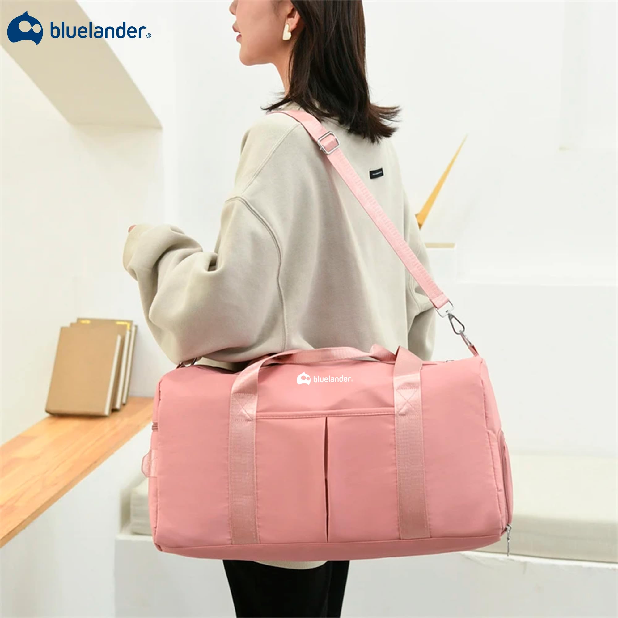 Bluelander Maleta Deportiva de Mano para Gimnasio, Compartimento para Zapatos, Bolso de Viaje, Bolsillo Impermeable, Resistente, Correa Ajustable Perfecta Gimnasio, Natación y Viaje (Rosa Pastel)