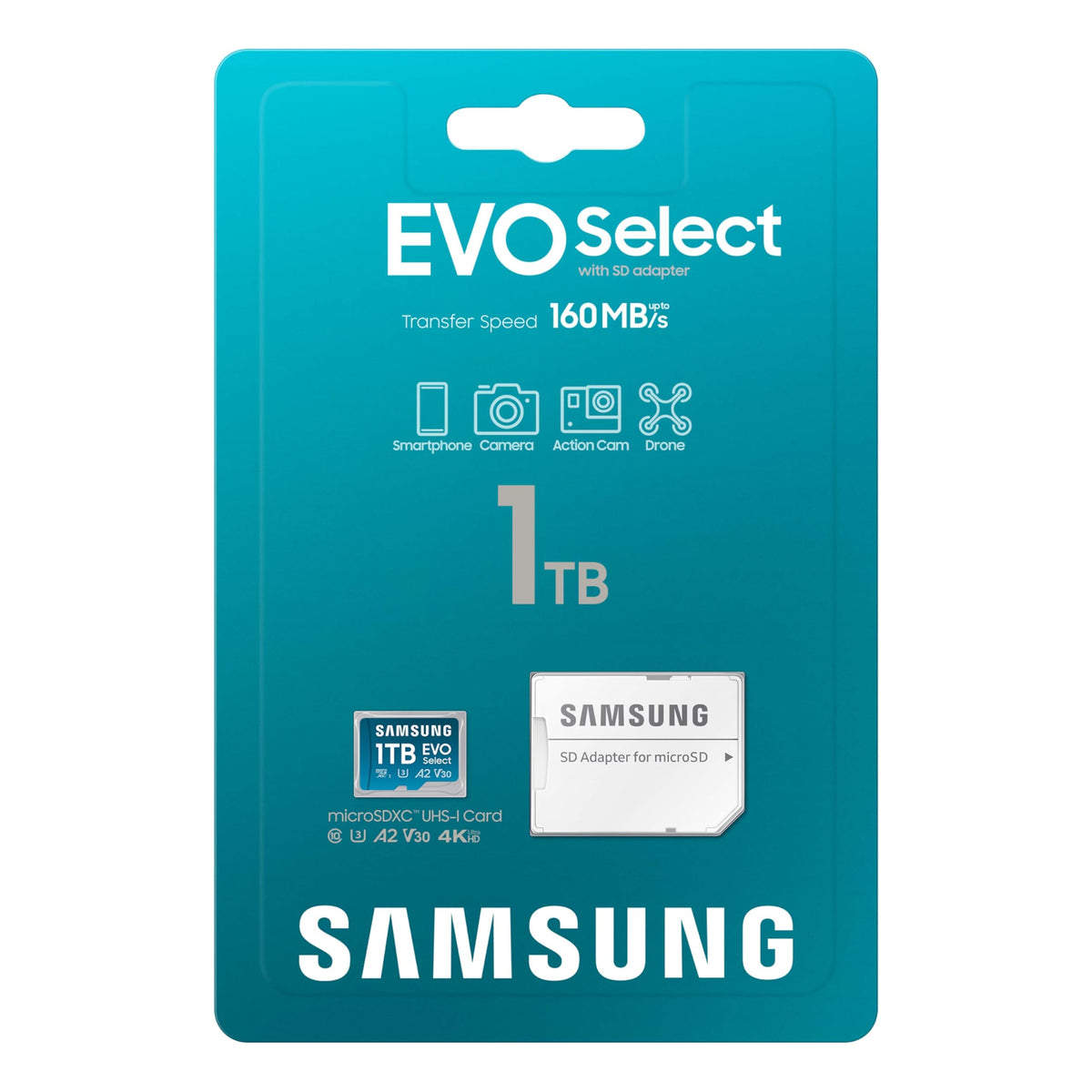 SAMSUNG EVO Select microSDMemory Card + Adaptador, 1 TB microSDXC, hasta 160 MB/s, 4K UHD, UHS-I, C10, U3, V30, A2, para teléfono Celular, Smartphones, Nintendo-Switch y tabletas (MB-ME1T0SA/AM)