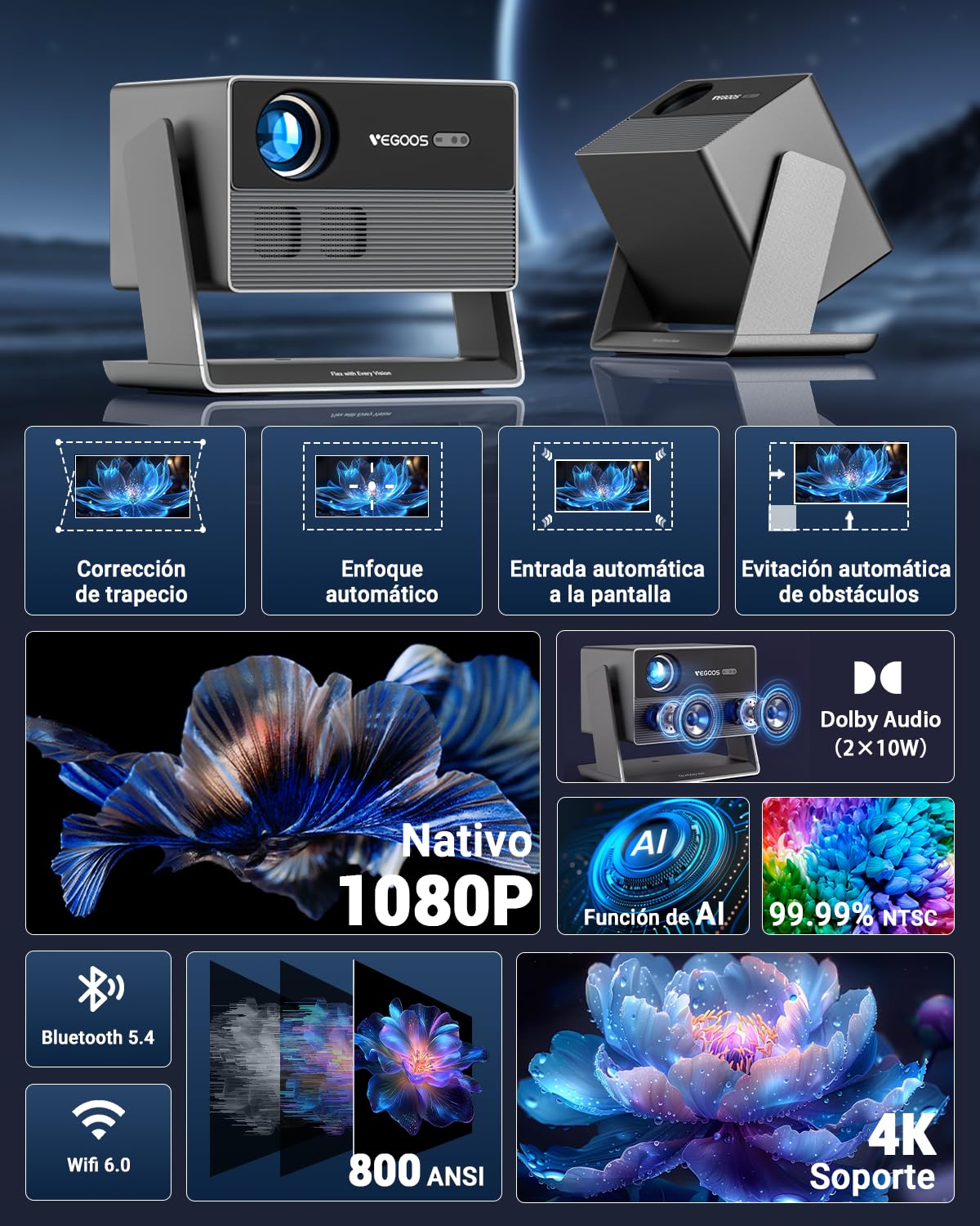 VEGOOS Proyector 4K (Licencia Netflix), Proyectores Portatil Inteligente