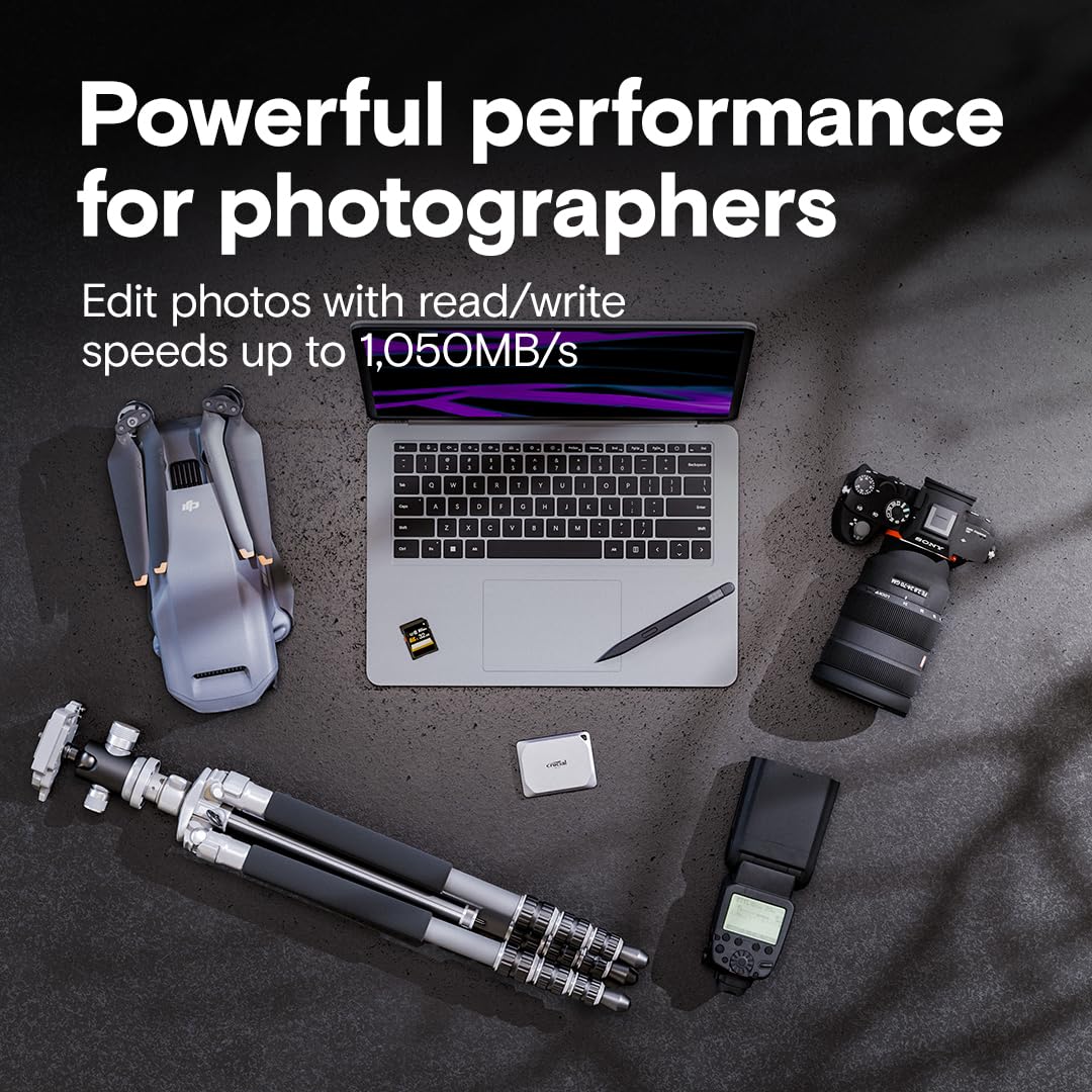 Crucial X9 Pro SSD portátil de 2 TB, hasta 1050 MB/s de Lectura y Escritura, 3.2 USB-C, Unidad Externa de Estado sólido, Almacenamiento Duradero para PC y Mac, para Creadores de Contenido y