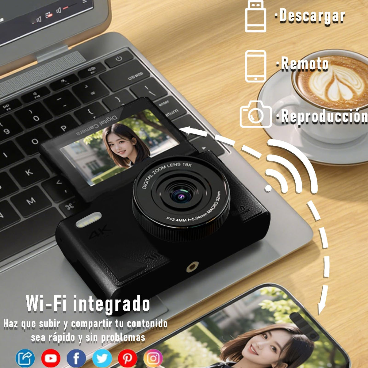 Cámara Digital de 64 MP, Pantalla de 3 Pulgadas, Vídeo 4K, Zoom 18X, Detección de Rostros, Estabilización, Lapso de Tiempo, Cámara Lenta, Recargable, Transmisión en Vivo para