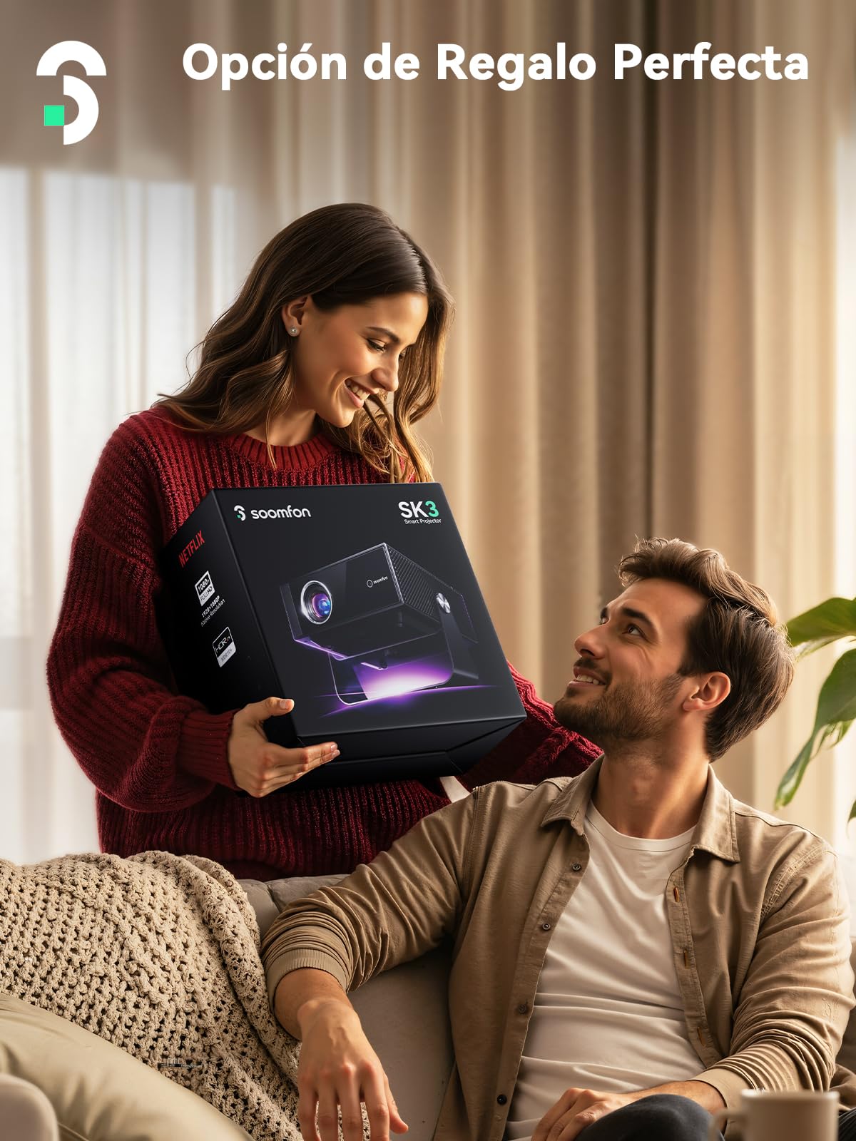 SOOMFON SK3 Android Proyector 4K Soporte Netflix Oficial WiFi y Bluetooth, 1080P Nativo 500 ANSI, Enfoque Automático y Corrección Keystone, Portátil para Cine en Casa y Exterior hasta 200"