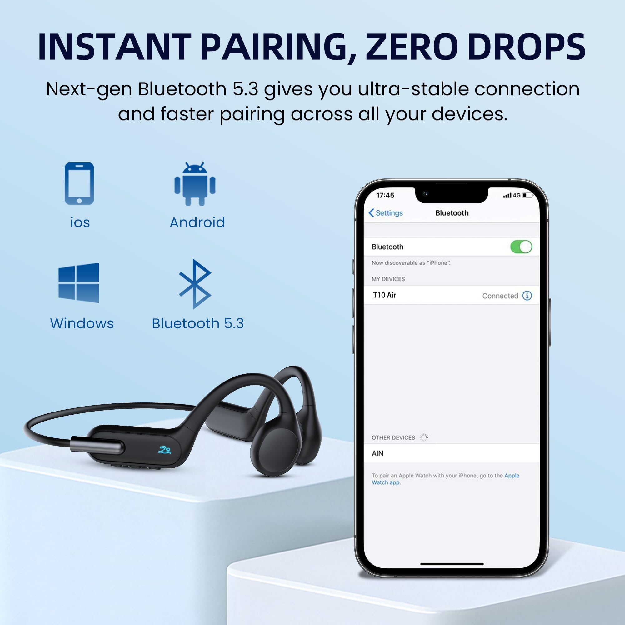 HIFI WALKER Audífonos para Nadar de Conducción Ósea, Audífonos Sumergibles IPX8 para Natación y Alberca, Bluetooth con Modo MP3 Integrado, Diseño Open Ear para Deportes Acuáticos