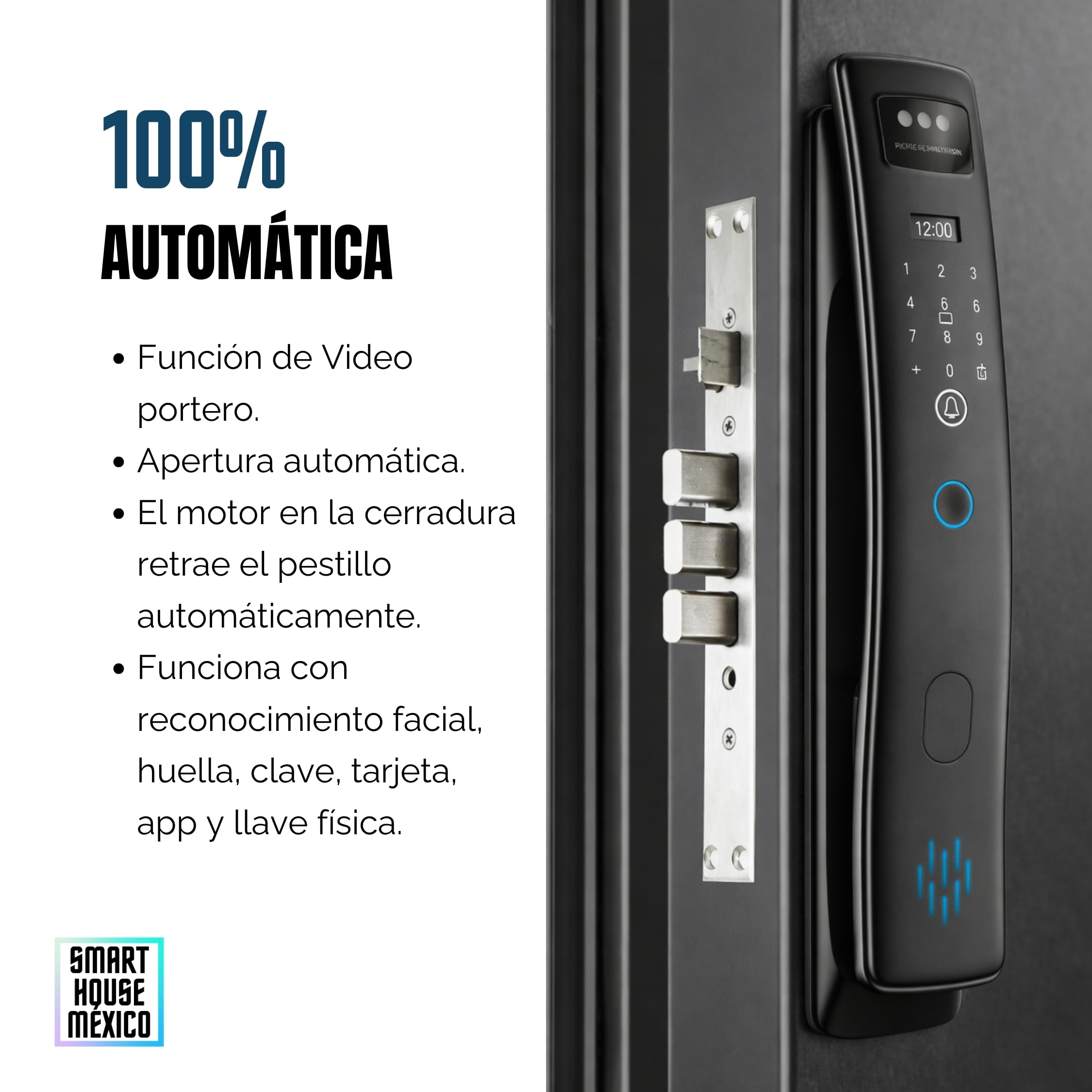 Cerradura Electrónica Inteligente WiFi con Cámara y 7 métodos de apertura. | Reconocimiento Facial, de palma, Huella, Código, App móvil, Tarjeta, Llave Física | Nova Max