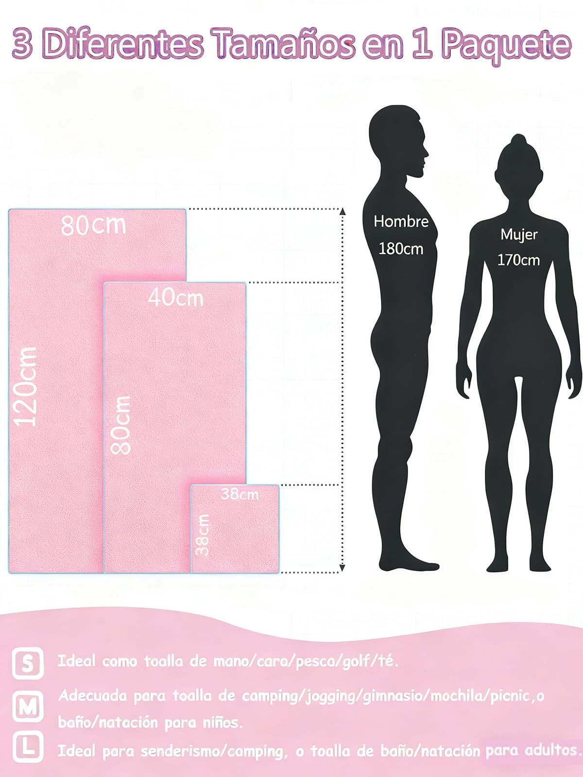 3 Toalla de Microfibra Deportiva,Súper Absorbente,Secado Rápido,Rosa Pálido