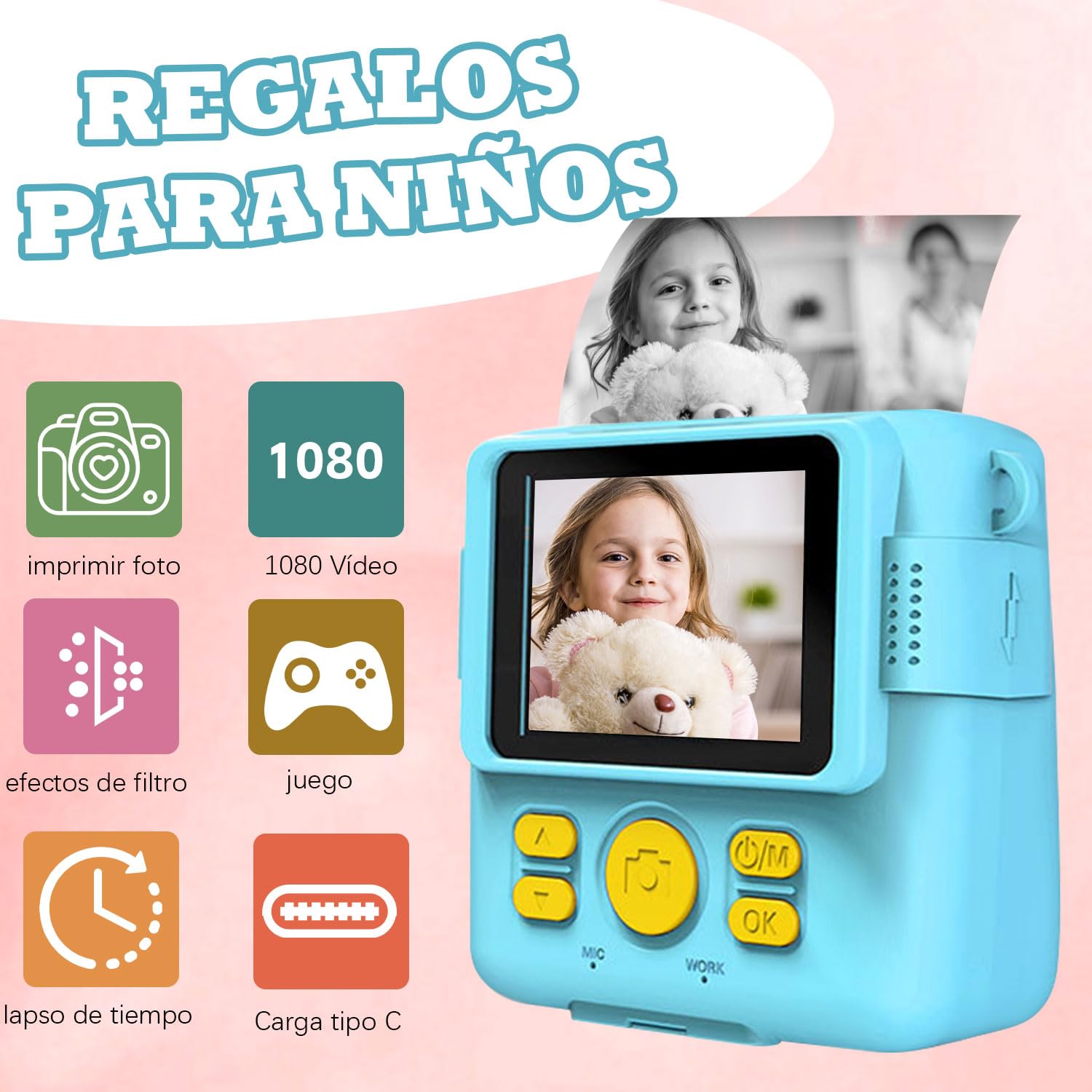 AWCBBT Cámara Instantánea para Niños de 1080P,Camara Fotografica Instanea,Camara Infantiles para Niñas con Tarjeta SD de 32 GB y 5 Vols Papel de Impresión,Cordón de Mano,Cable de Datos USBC(Azul)