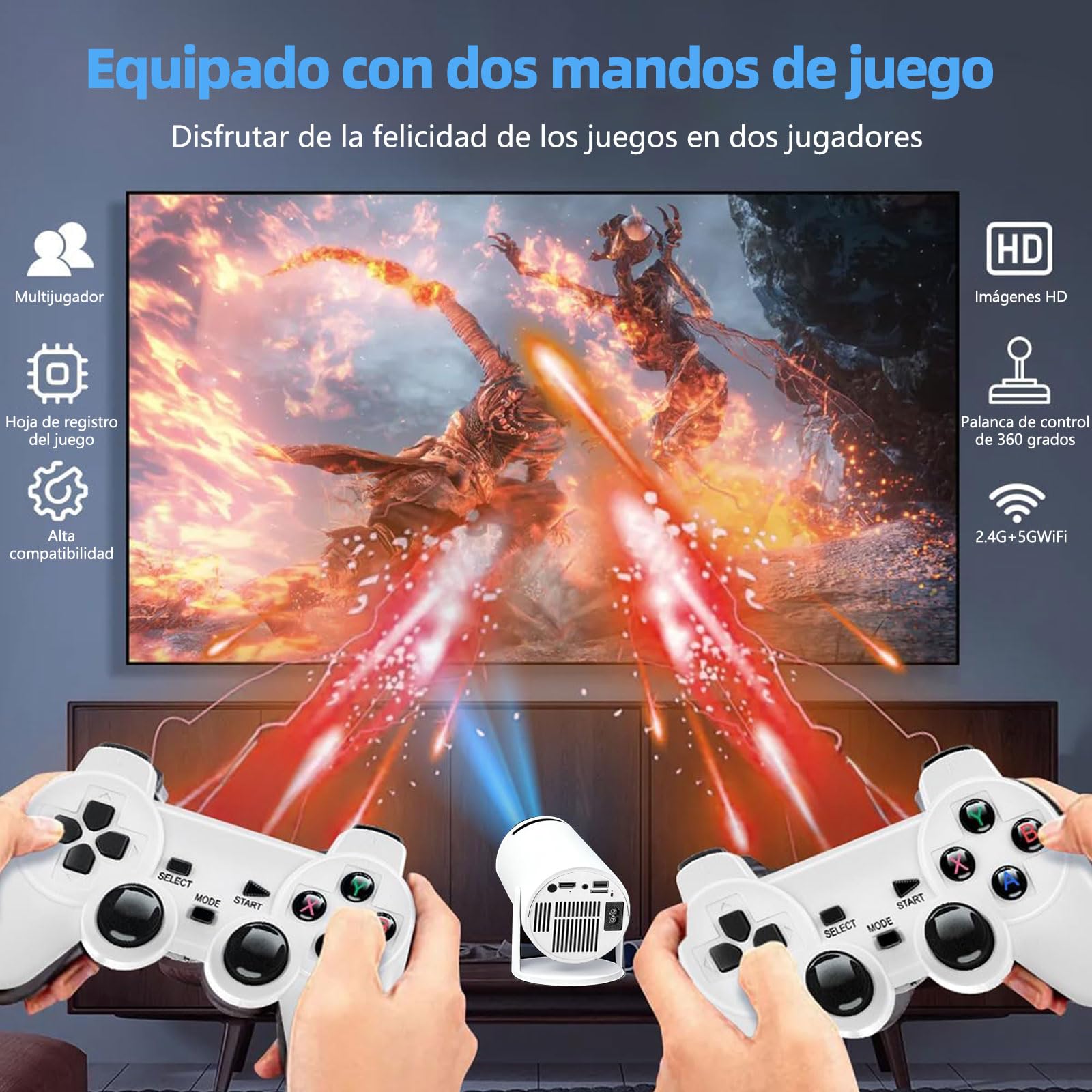 BOJOOM Mini Proyector Portátil 4K con 2 Mandos de Juego Inalámbricos, Tarjeta SD de 64GB con 2000+ Juegos y 14 Emuladores, Compatible con HDMI/USB/Smart TV/Phone, para Hogar/Fiesta/Exterior