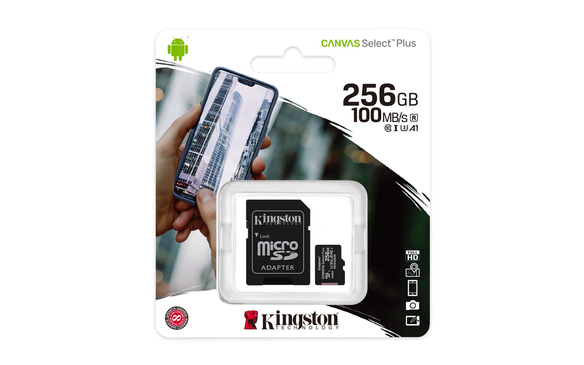 Kingston MicroSDXC Select Plus 256GB (Con Adaptador a SD) Clase 10, UHS-I, U3, V30 Lectura: 100MB/s y Escritura: 85MB/s (SDCS2/256GB)