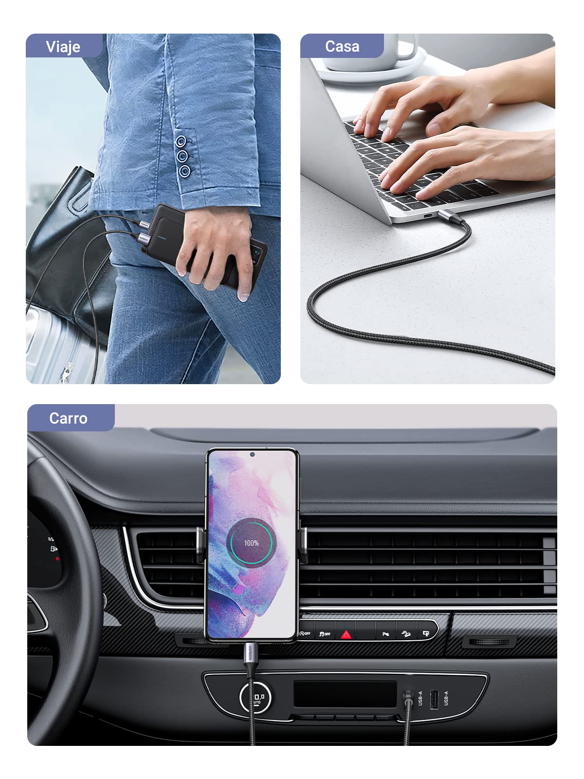 UGREEN 2M Cable USB C a USB A 2.0, 3A Tipo C Carga Rápida con Trenza de Nailon, Compatible con iPhone 16 15 Pro Max Plus, Galaxy S25 S24 S23 S22, Pixel 9 8 7