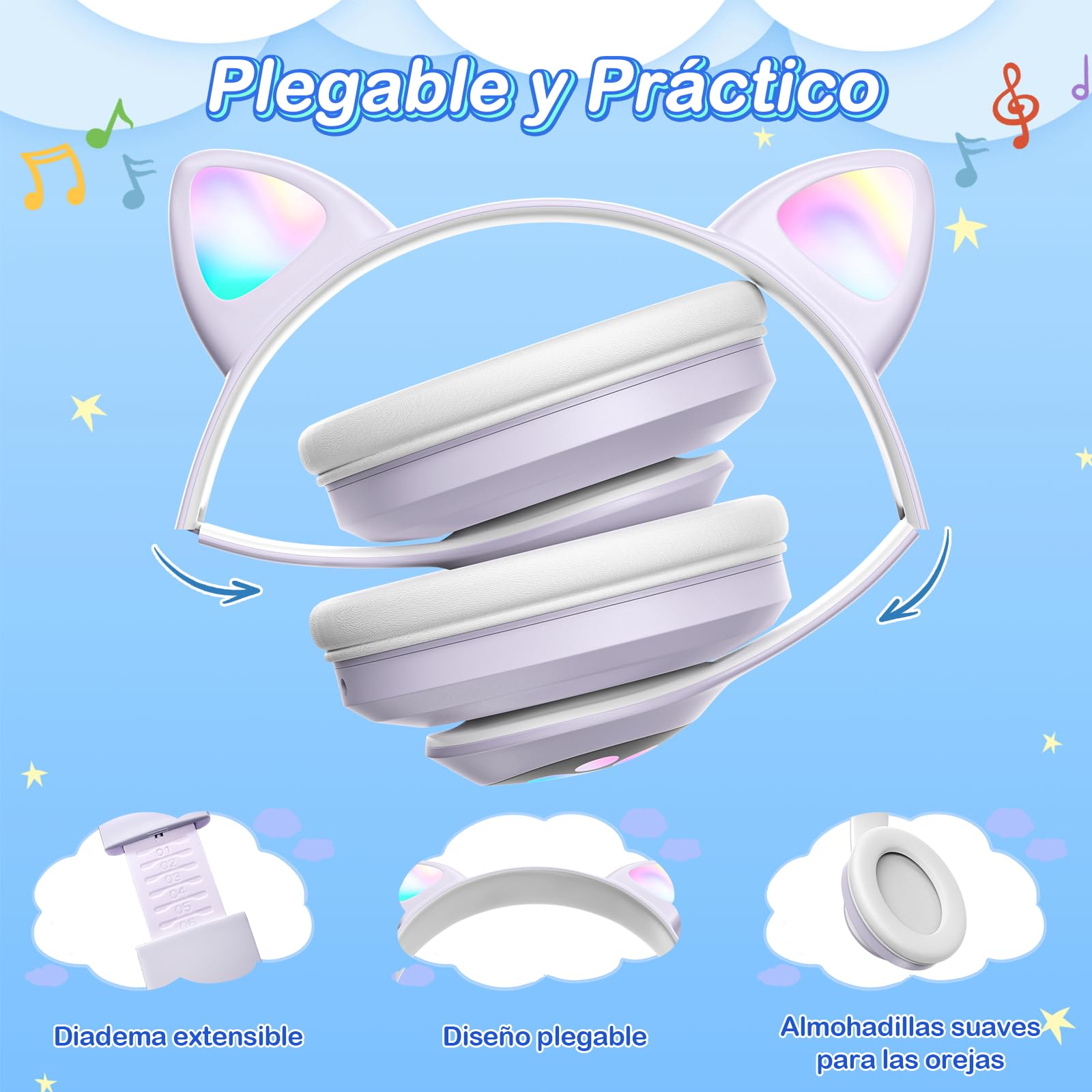 ZQSQD Audifonos Inalambricos para Niños, Auriculares Bluetooth con Luz LED y Micrófono, Auriculares Plegables con Forma de Garra de Gato, Audífonos para Niña, Apto para Tablets, Móviles, Etc (Púrpura)