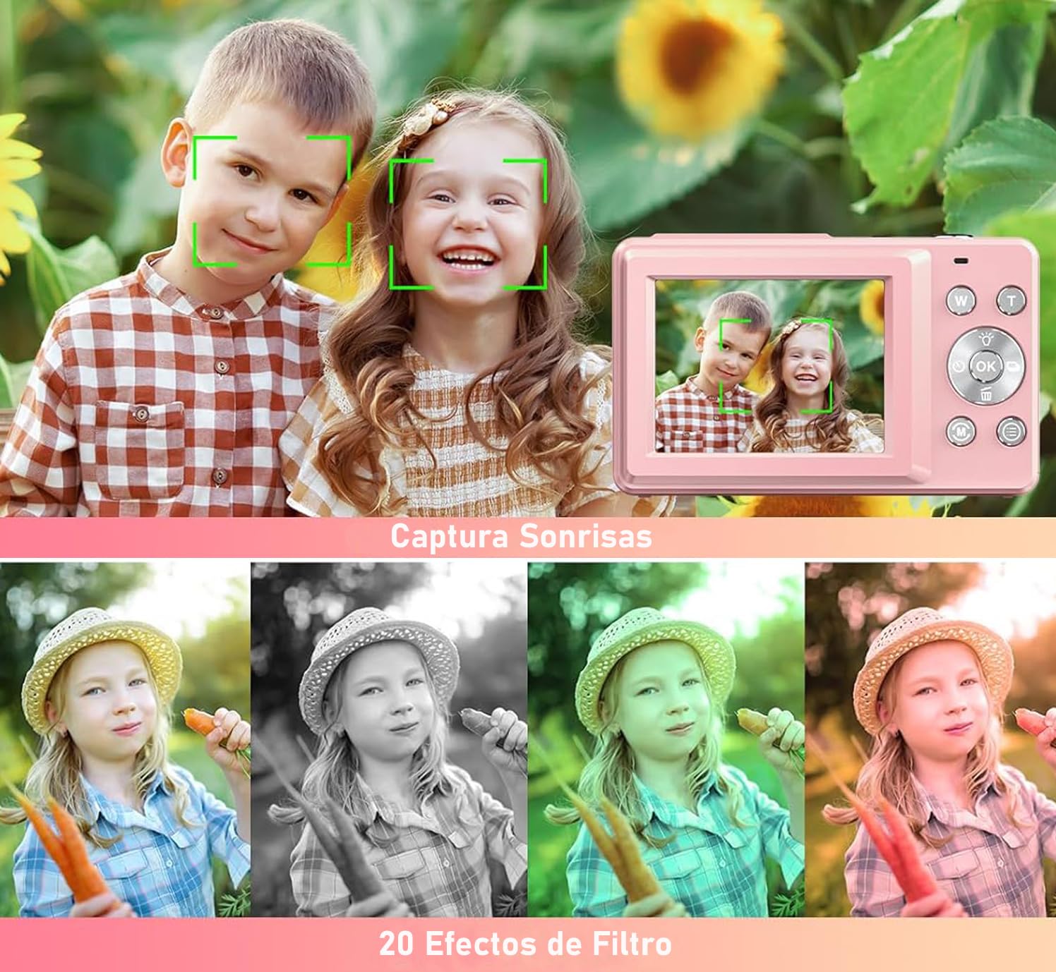 Cámara Digital,Cámara Digital para Niños FHD 1080P 50MP Vlogging con Tarjeta 64GB,Pantalla IPS de 2.4'',Zoom 16X,Anti-Shake y Disparo Continuo Camara Fotografica Digicam Regalo para Niñas (Rosa)