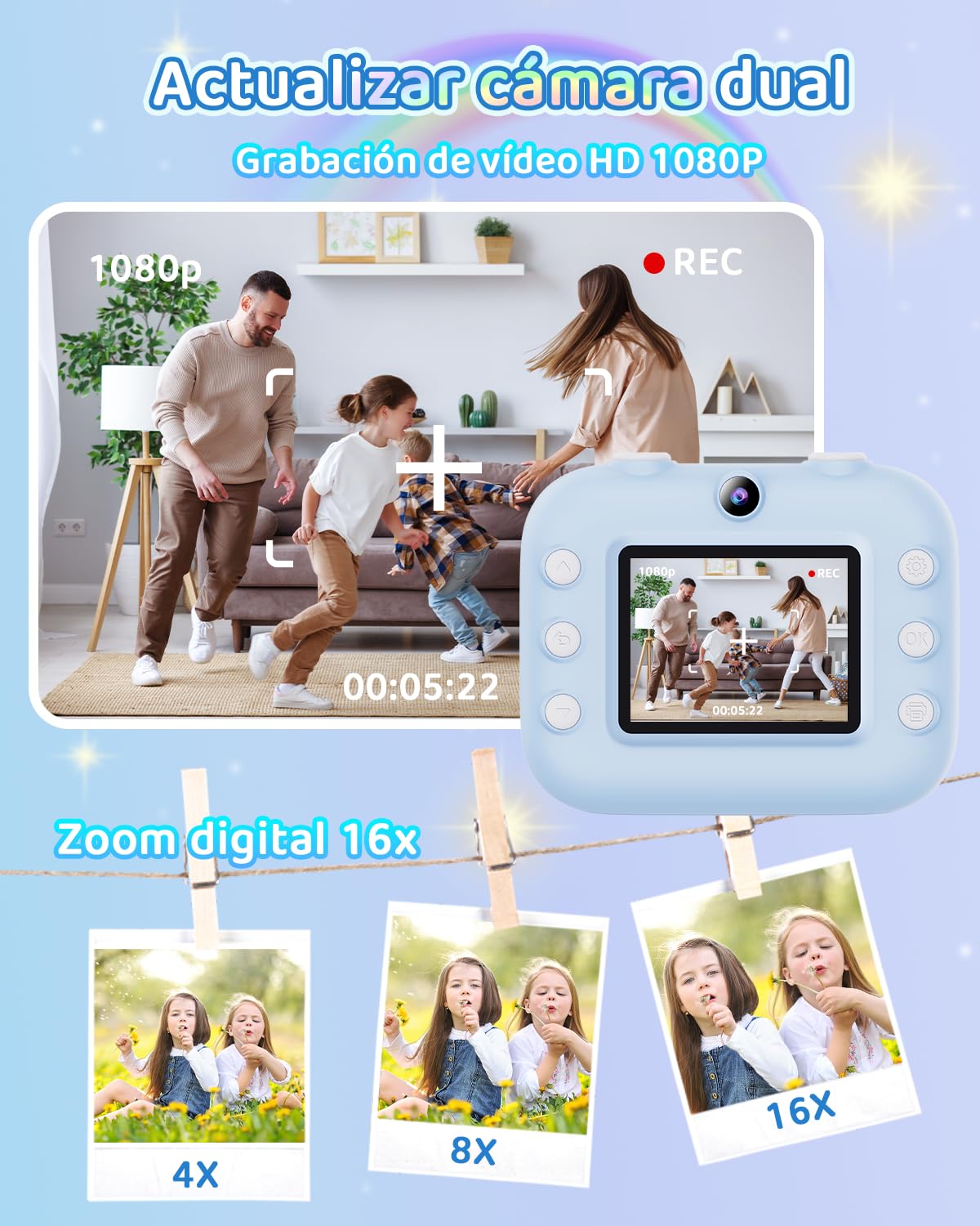 PTHTECHUS®Cámara Infantil, Cámara Instantánea Niños,cámara Digital Selfie y Video,Papel de impresión,Tarjeta SD 32 GB y 1080P impresión instantánea Regalos para niños de 3 a 12 años (Azul)