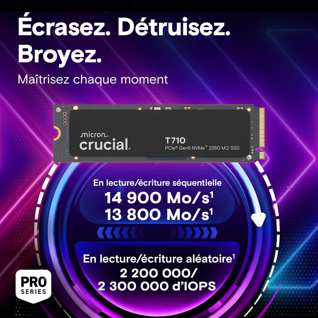 Crucial T710 1TB Gen5 NVMe SSD, hasta 14.900 MB/s, PCIe 5.0 M.2 2280, Unidad Interna de Estado sólido, Compatible con computadora portátil, computadora de computadora, +Software Acronis