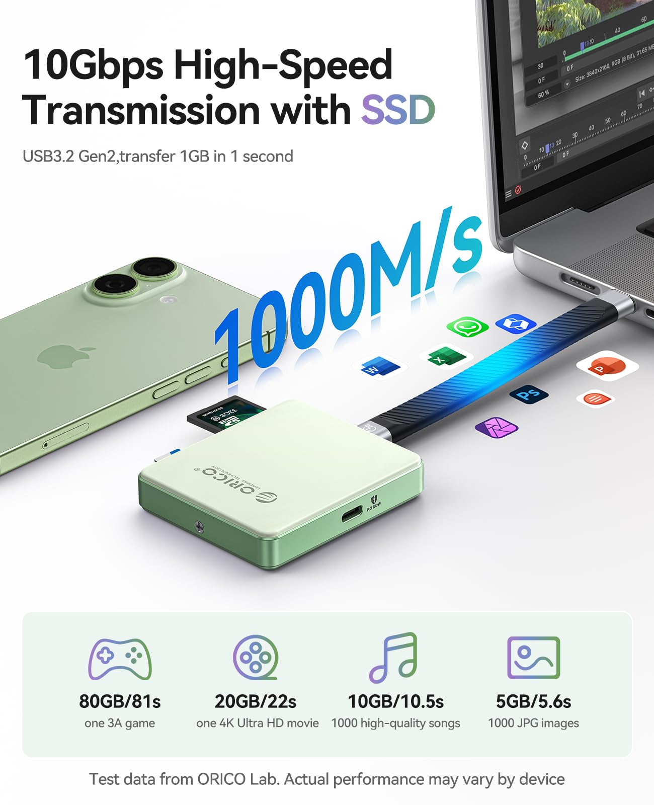 ORICO Carcasa magnética M.2 2230/2242 NVMe para SSD, grabación ProRes 4K, Lector de Tarjetas SD/TF, Puerto de Carga PD100W, Compatible con iPhone 15/16/17, portátil y Tableta (sin Disco Duro, Negro)