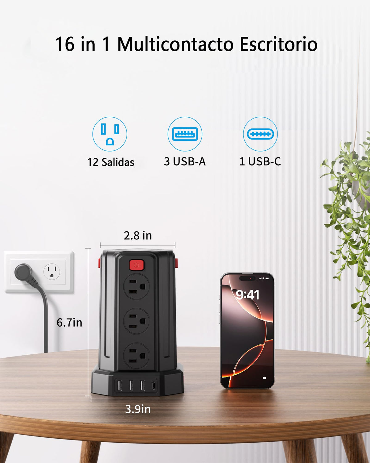 SMALLRT Torre Regleta Multicontacto Pared con USB C, 3.04M Plana Extension Electrica, Extension Multicontacto con 12 Conector Multiple Enchufes y 4 Puertos USB, Hogar Dorm Oficina, Negro
