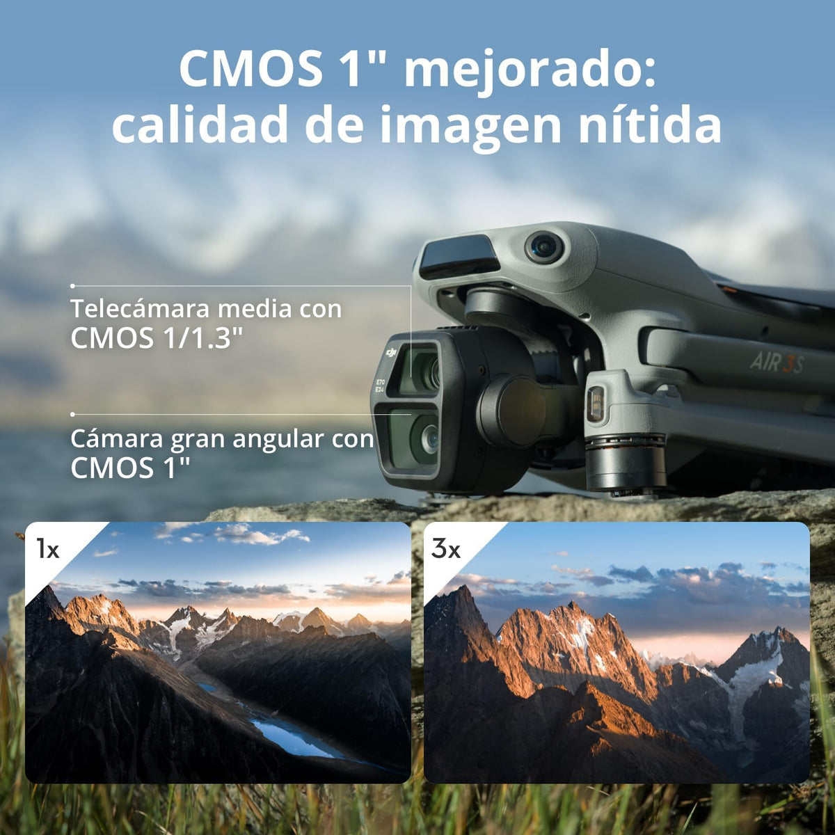 Pack DJI Air 3S Vuela Más (control remoto con pantalla RC 2), dron gran angular con CMOS 1" y telecámara media, 4K/60 fps, detección de obstáculos omnidireccional y 3 baterías para volar más