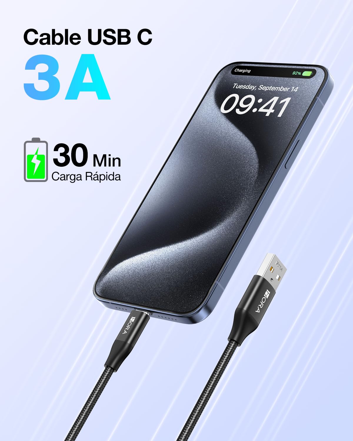 1 Hora 2M Cable USB C a USB A Carga Rápida 60W, Cable Tipo C 3A, Durable Nylon Tejido, Compatible con iPhone 15 Pro/15 Pro Max, Samsung Galaxy S23/S22/S21, OPPO Find X6 Pro, Motorola Edge 40 Pro