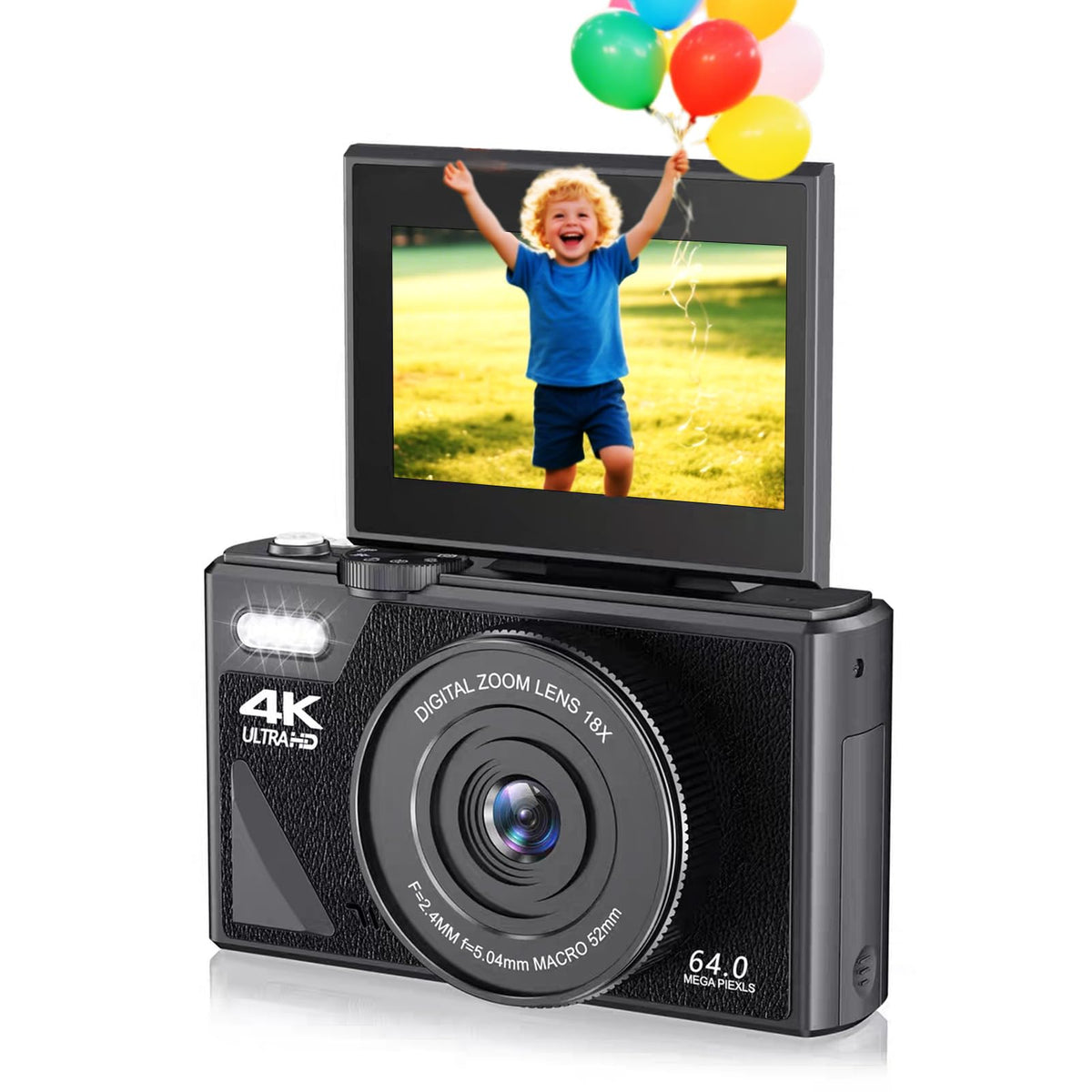 Cámara Digital de 64 MP, Pantalla de 3 Pulgadas, Vídeo 4K, Zoom 18X, Detección de Rostros, Estabilización, Lapso de Tiempo, Cámara Lenta, Recargable, Transmisión en Vivo para