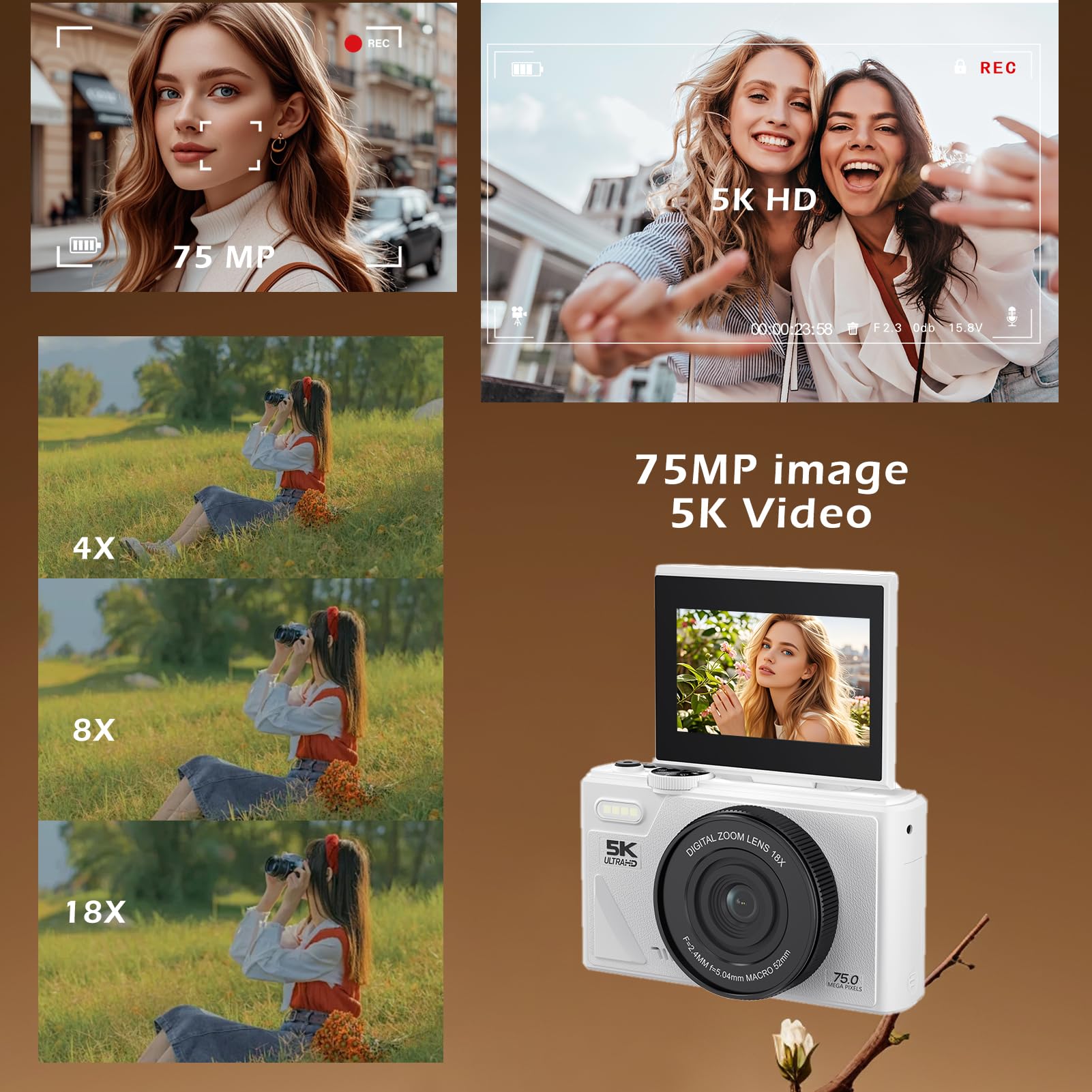 Cámara Digital Retro de 75MP, Cámara de Vlogging Vintage 5K UHD con Zoom de 18X, Enfoque Automático, Pantalla Abatible de 3 Pulgadas para Vlogging de Fotografía de Viajes (Blanco)