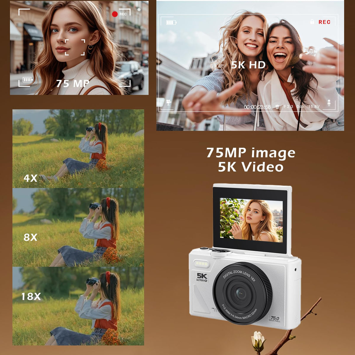 Cámara Digital Retro de 75MP, Cámara de Vlogging Vintage 5K UHD con Zoom de 18X, Enfoque Automático, Pantalla Abatible de 3 Pulgadas para Vlogging de Fotografía de Viajes (Blanco)