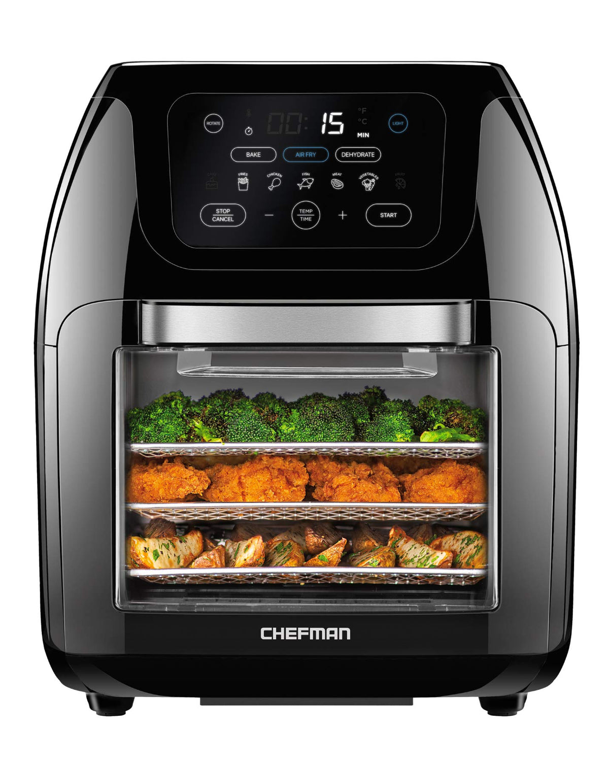 Chefman - Freidora digital multifuncional + asador, deshidratador, horno de convección, 17 preselecciones en pantalla táctil para freír, asar, deshidratar y hornear accesorios incluidos, L 10L, negro