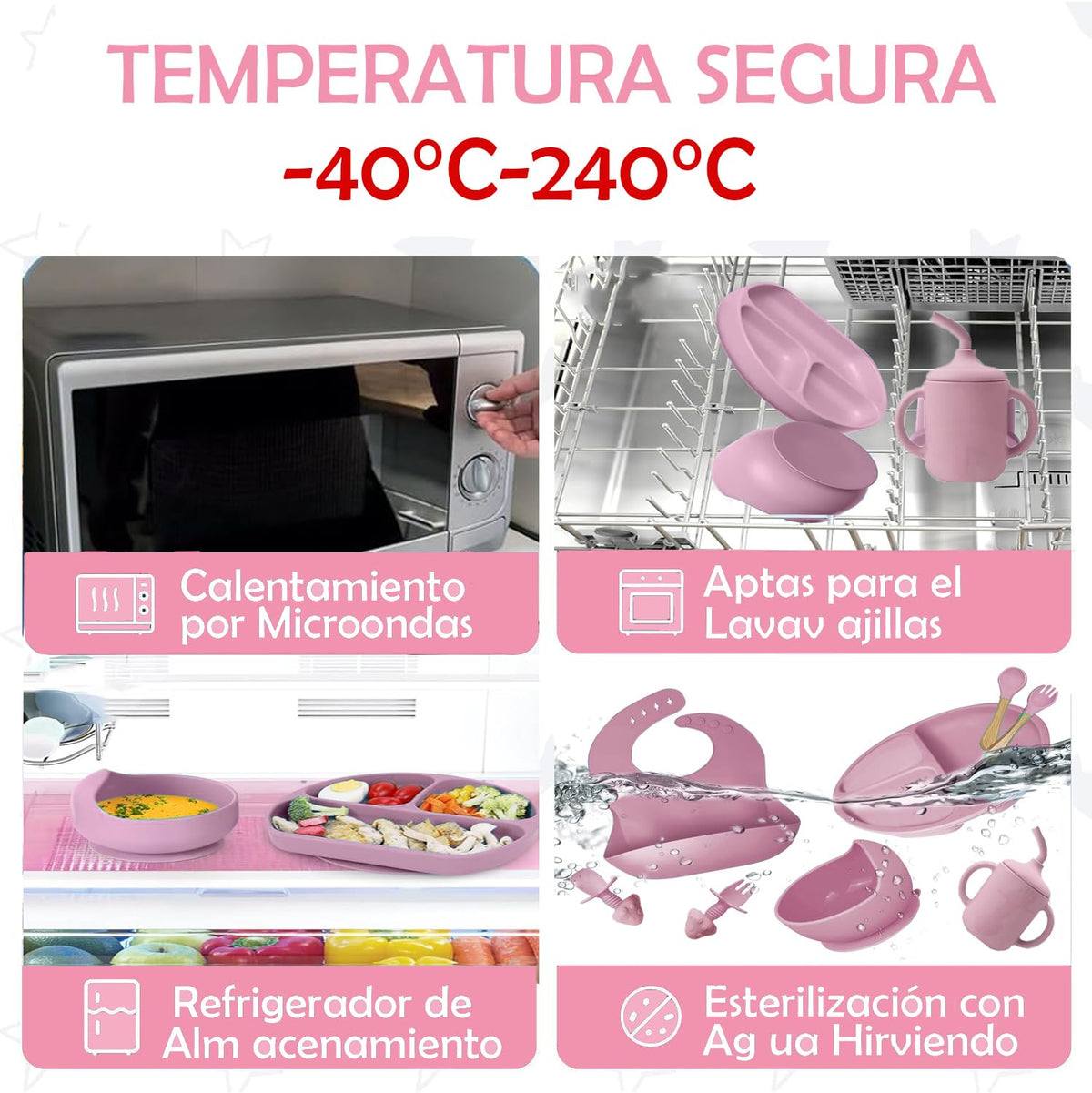 14pzs Vajillas Platos para Bebe Silicona, Set Alimentacion Complementaria Bebe, Plato para Bebe con Ventosas, Baberos Ajustable, Sin BPA, Fácil de Limpiar, Apto para Microondas(Rosado)