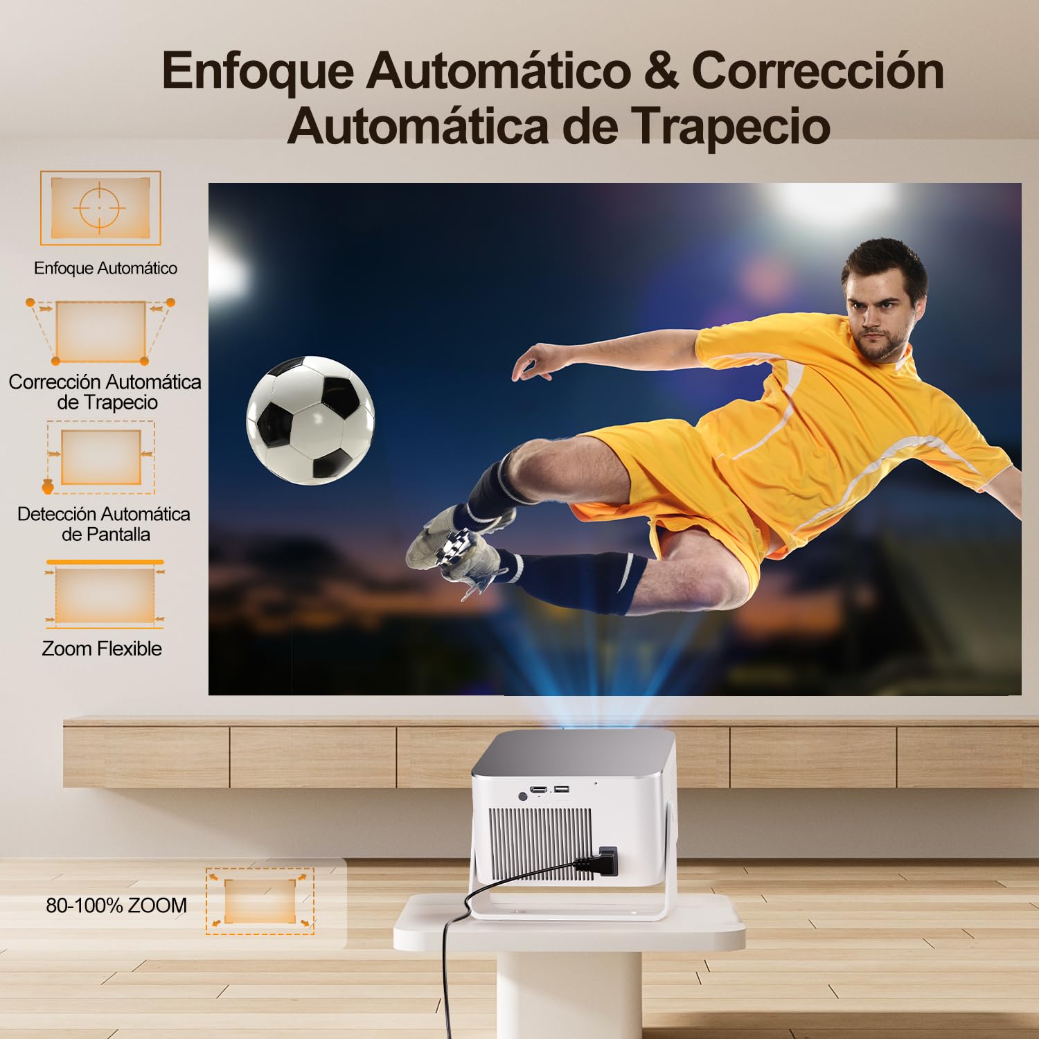 [App Integrada] Mini Proyector 4K & 8K Soporte 1080P Nativo, Proyector Portátil con Android 14 WiFi 6 BT 5.4, 600ANSI, Enfoque Automático, 6D Corrección Automática de Trapecio, Rotación 180°, HY350MAX