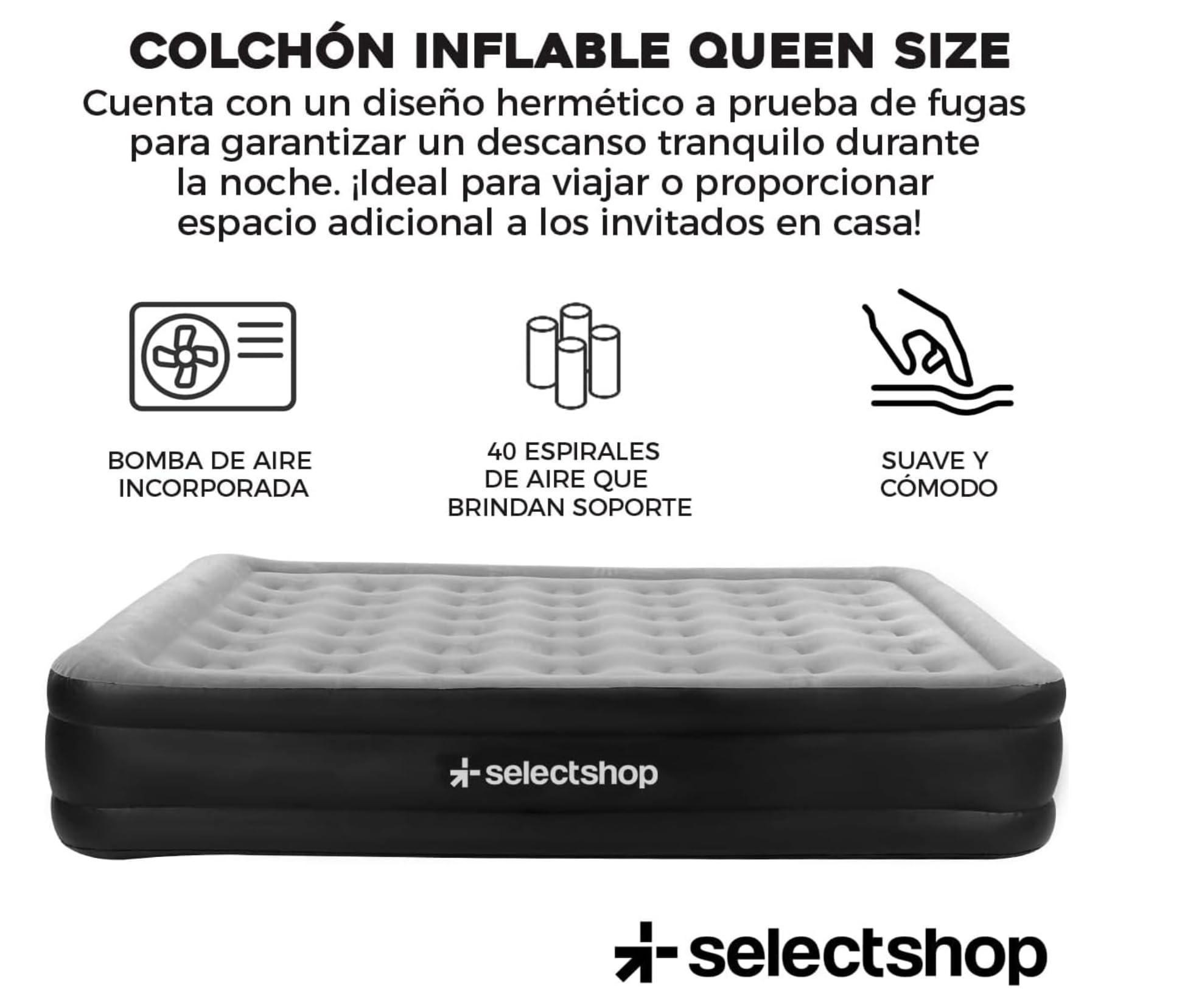 SELECTSHOP Colchón Inflable Queen Size con Bomba Incluida Cama Inflable para Camping Cama De Aire Elevada con Bomba Incluida Colchón Queen Size Inflable Duradero Resistente (Gris)