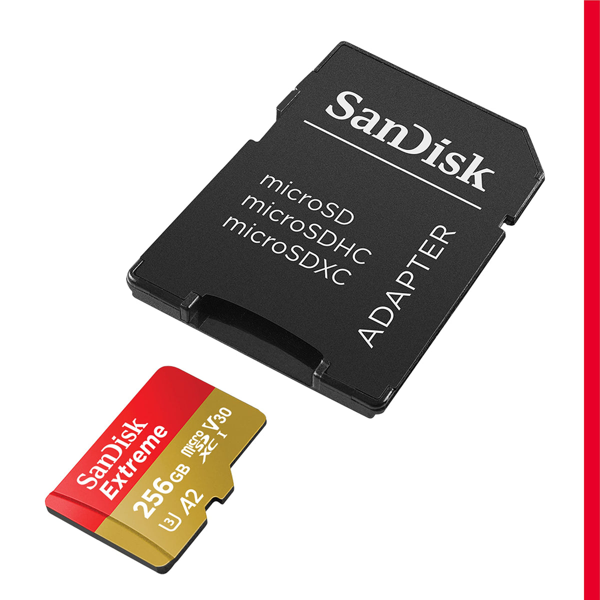 SanDisk Tarjeta microSDXC Extreme de 256 GB + Adaptador SD + RescuePRO Deluxe, hasta 190 MB/s, con A2 App Performance, UHS-I, Clase 10, U3, V30