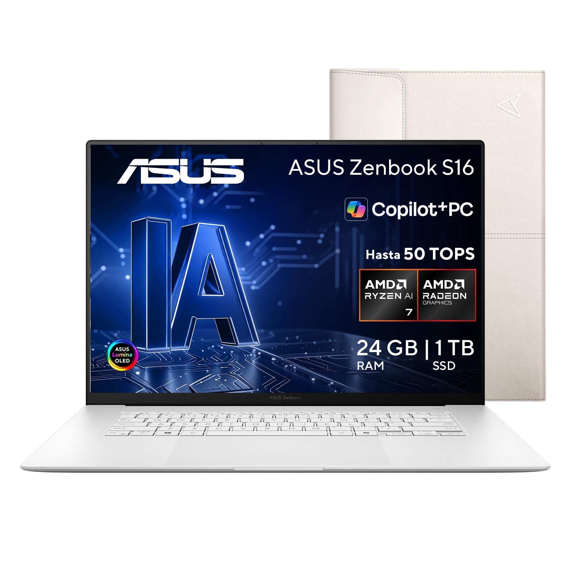 ASUS Zenbook S16 OLED 3k/ AMD Ryzen AI 7 350/50 TOPS/24GB -1TB SSD/AMD Radeon Graphics/Carga rapida USB-C/Teclado en español + Funda (Garantia y Servicio con la Marca en Mexico)