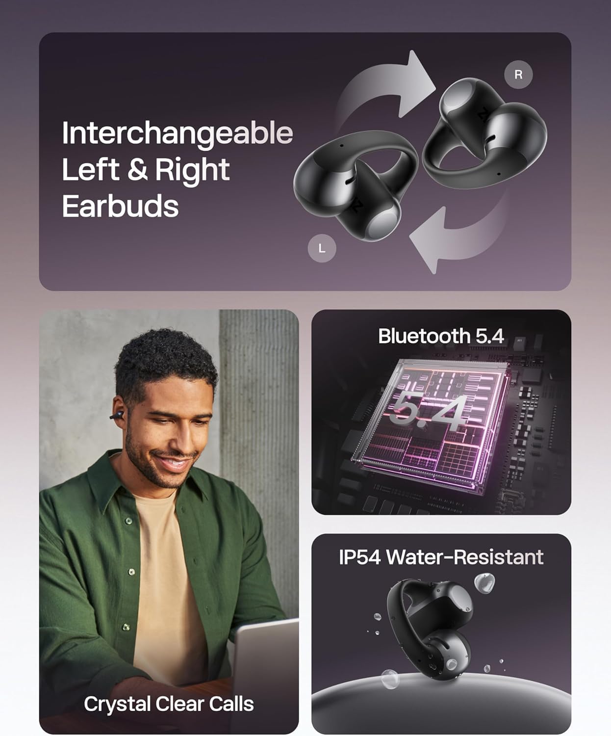 SHOKZ OpenDots ONE Auriculares Inalámbricos Bluetooth 5.4, Audifonos Deportivos Abiertos Clip, Dolby Audio Premium 6,5g, Open Ear, 40H de Batería, 4 Mics. Cancelación Ruido, con Paño de Limpieza,Negro