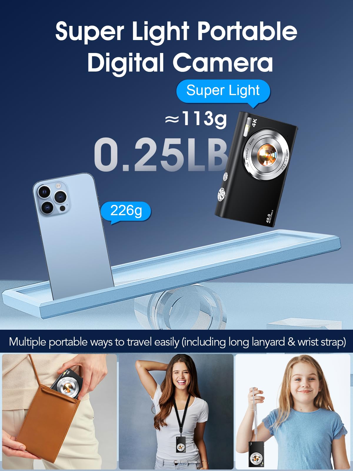 Cámara digital, enfoque automático 4K Vlogging Cámara para fotografía con tarjeta de 32 GB, cámara digital portátil compacta de 48 MP para adolescentes y adultos principiantes con zoom de 16X,