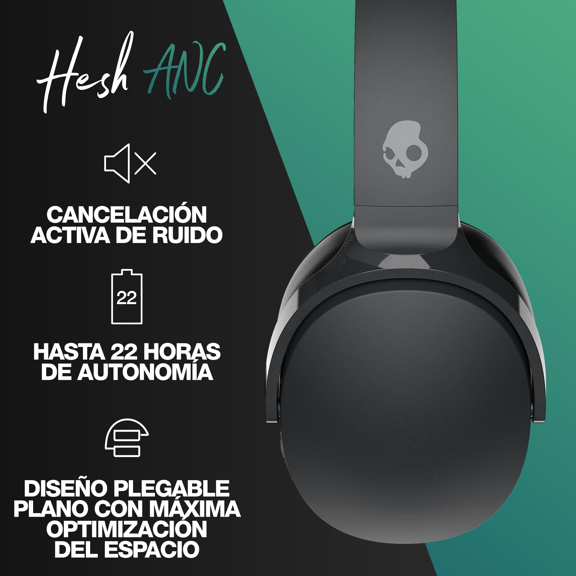 Skullcandy Hesh ANC Cascos Over-Ear Inalámbricos con Cancelación de Ruido, 22 h de Autonomía, Micrófono, Compatibles con iPhone Android y Dispositivos Bluetooth, Negro