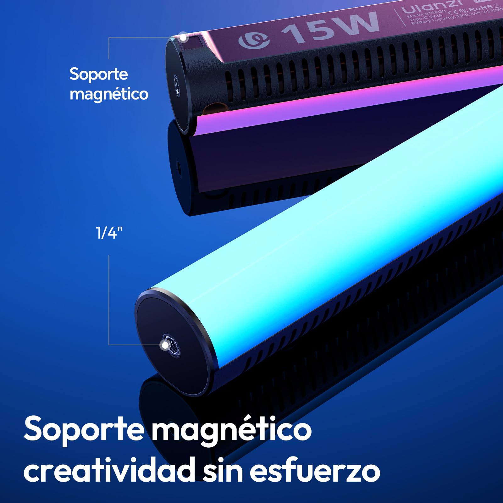 ULANZI B15RGB 15W Stick Light,Ligero y portátil,RGB de 360°,1800K-9000K