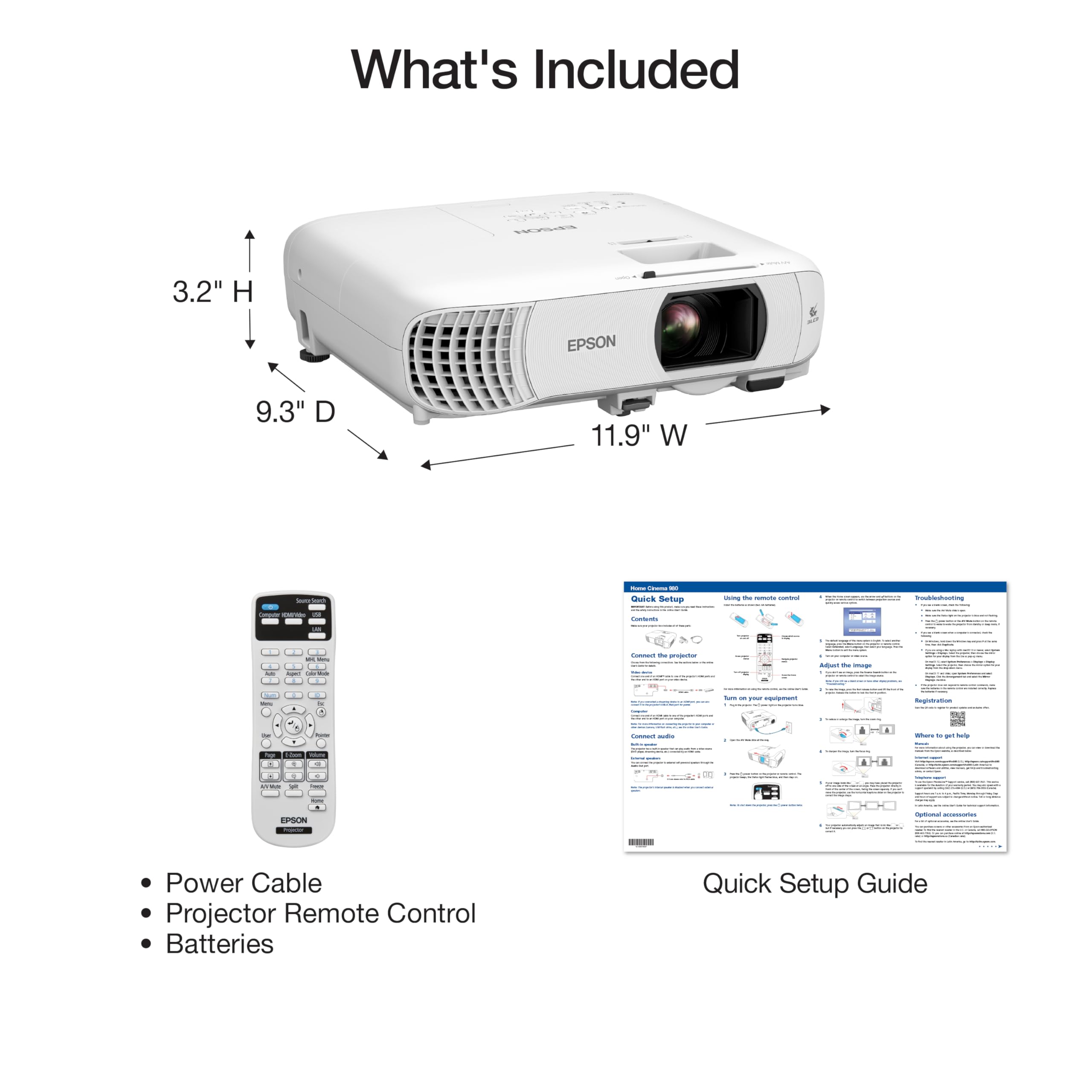 Epson Home Cinema 980 - Proyector de 3 Chips 3LCD 1080p de 4.000 lúmenes, Color y Brillo Blanco, Sala de transmisión/Juegos, Sala de Medios, Altavoz Integrado, inclinación automática de Imagen