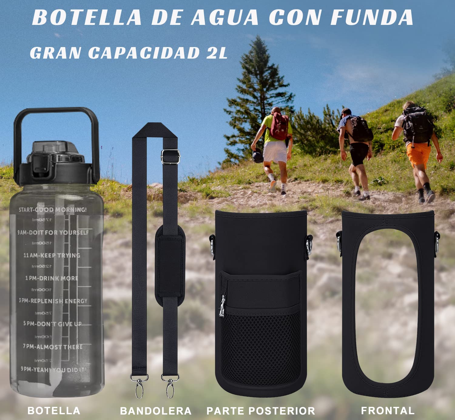 MOYAC Botella Agua con Funda Protectora, Botella de Agua 2 Litros con Pajita, Asa, Correa para el Hombro, Función de Apertura con un Botón, para Fitness, Viajes, Escuela, Oficina (Negro)