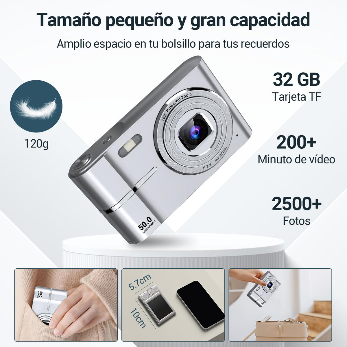 vantisan Cámara Digital, HD 1080P 50MP Vlogging, Cámara de Video con Tarjeta 32GB, Enfoque Automático con Zoom 8X, Disparo Continuo, Pantalla IPS de 2.4'', Mini Camara para Niños y Niñas