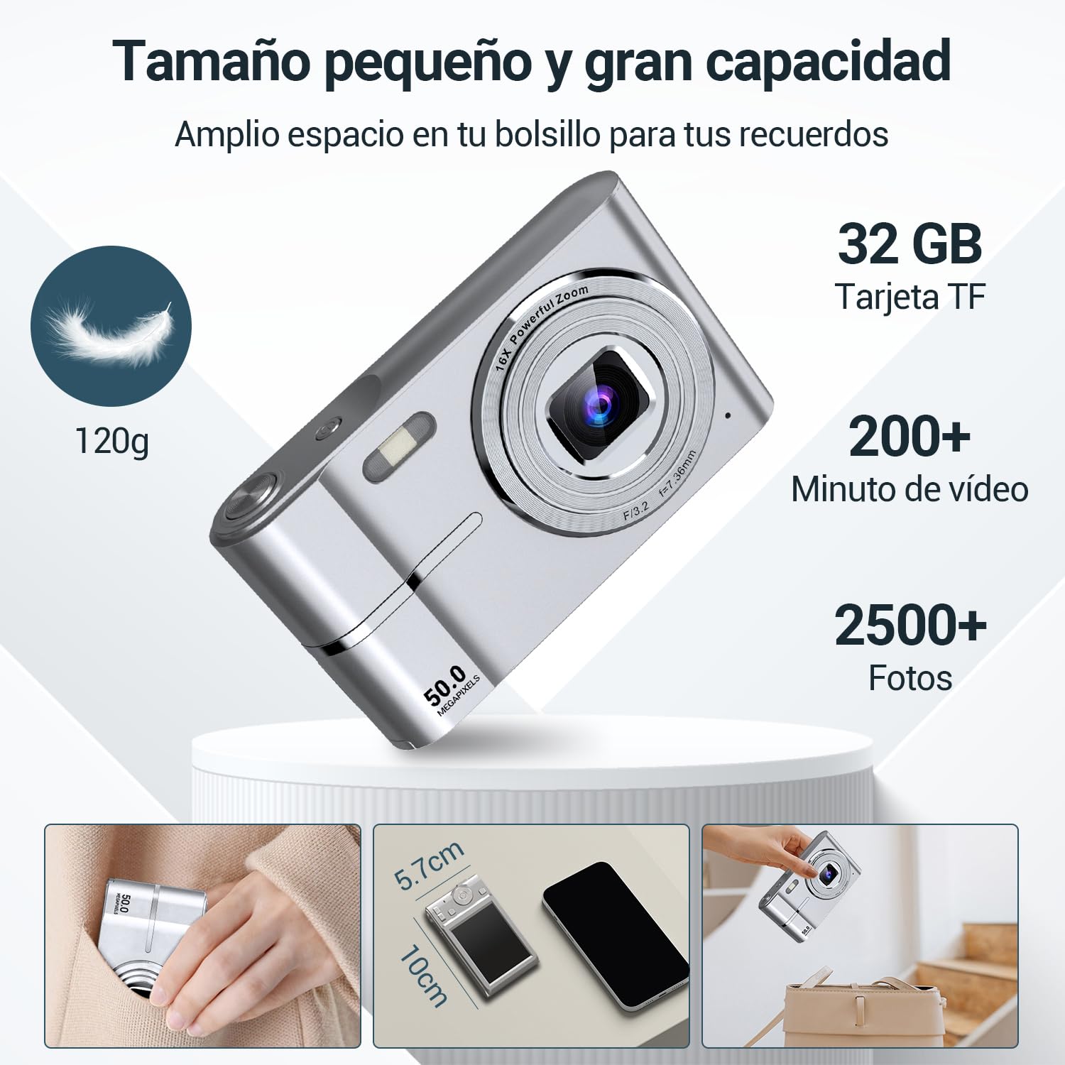 vantisan Cámara Digital, HD 1080P 50MP Vlogging, Cámara de Video con Tarjeta 32GB, Enfoque Automático con Zoom 16X, Disparo Continuo, Pantalla IPS de 2.4'', Mini Camara para Niños y Niñas